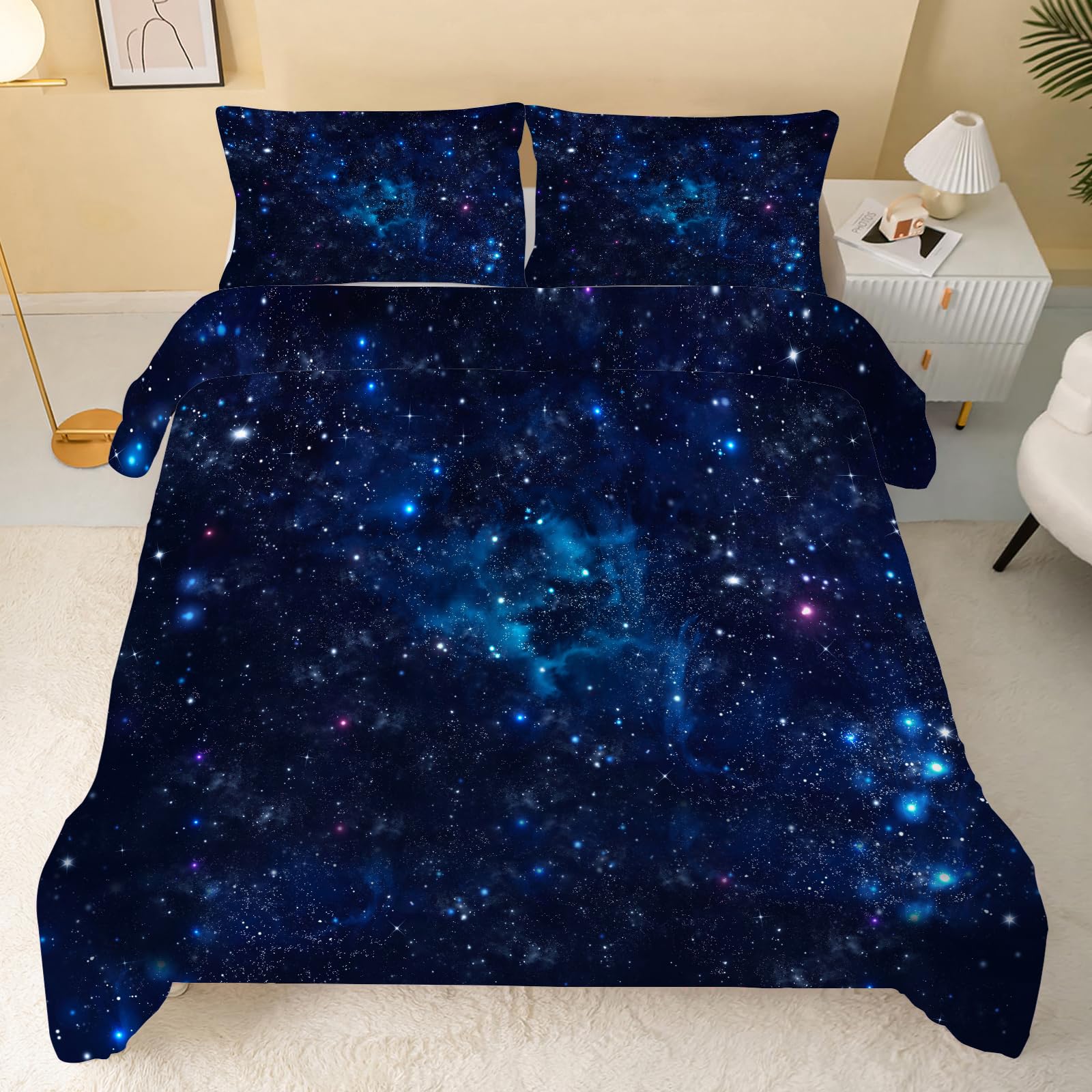 Blauer Sternenhimmel Bettdecke 135x200, 4 Jahreszeiten Galaxie Steppdecke | Vierjahreszeiten Bettdecke ohne Bezug, Universum, Warme Ganzjahresdecke, Waschbar Schlafdecke mit 2 Kissenbezug 80x80 cm