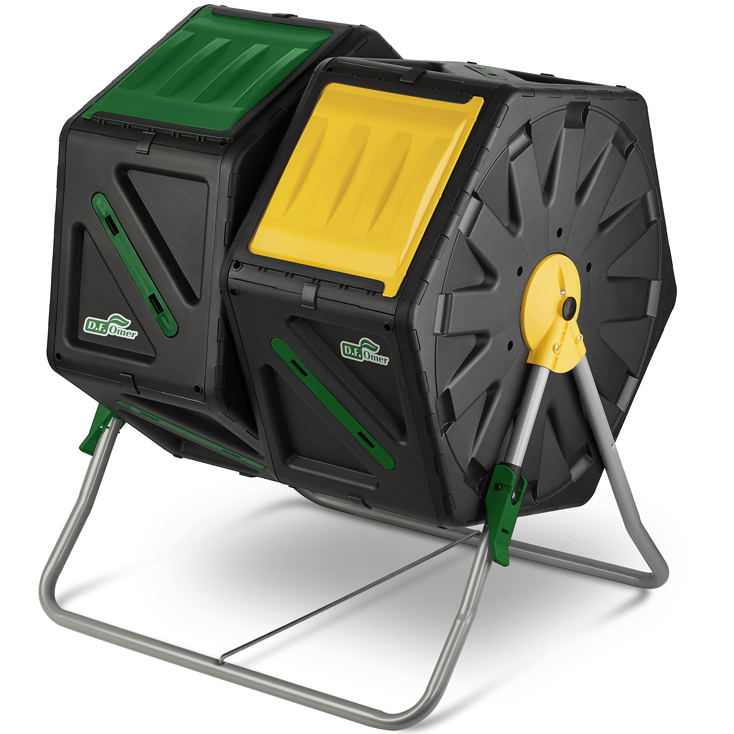 Composteur de Jardin Double Chambre DF OMER - Petit Composteur Rotatif avec système de Rotation Facile, 2 Portes coulissantes, Cadre en Acier Robuste - Toutes Saisons, sans BPA (18.5gal/70L)