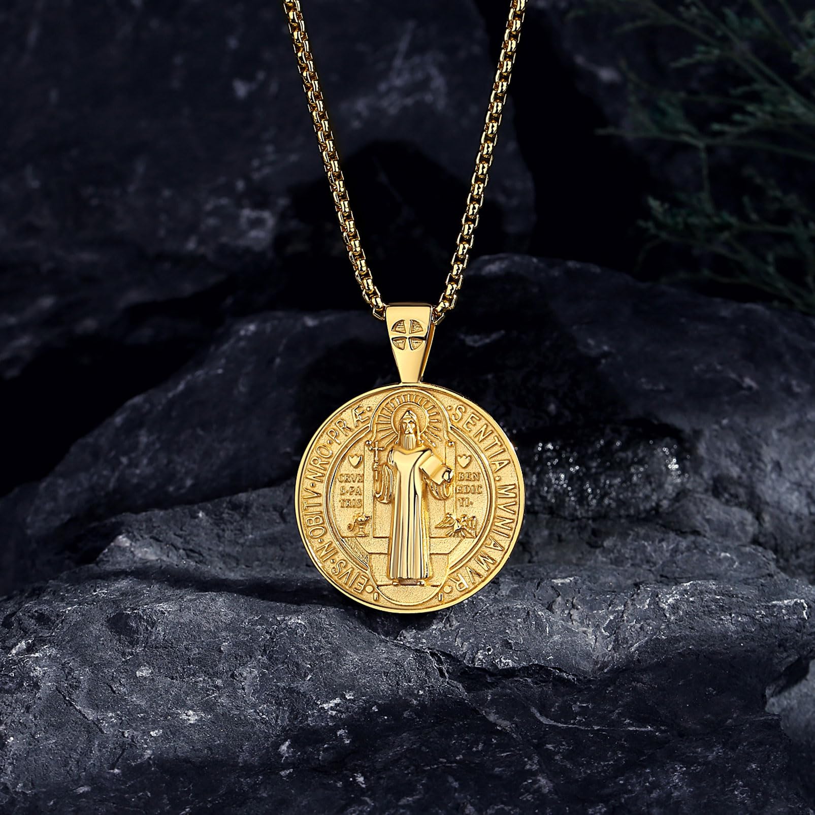 Collana con Medaglia di San Benedetto San Benito in Argento Sterling Placcato Oro 18K per Donne Uomini, Ciondolo Amuleto Gioielli Cattolici Cristiani Regali, 22+2"