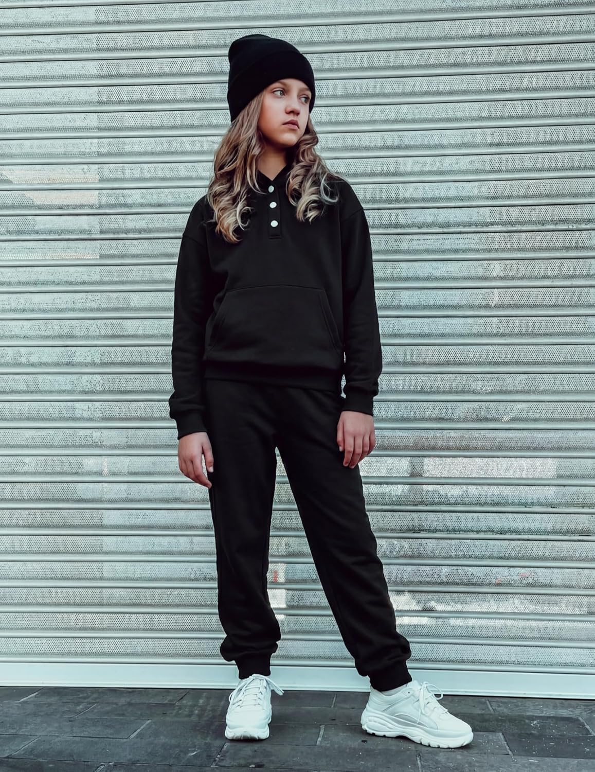 Arshiner Girls 2 Piece Outfits Fashion Sweatsuits Button Down Hooded Sweatshirt and Sweatpants with Pockets Kids Tracksuit