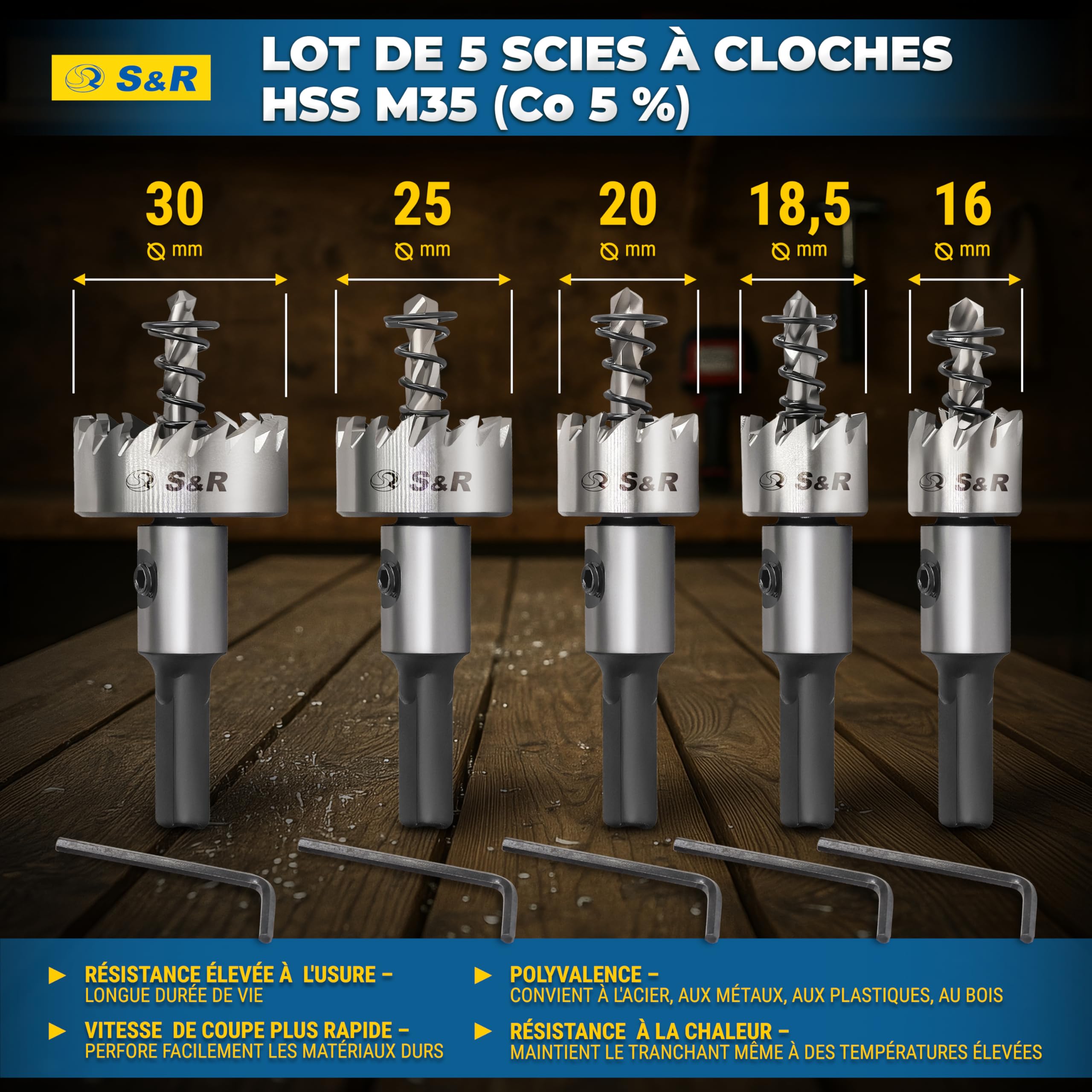 S&R Scie Cloche Metal. Lot 5 Trépans Scie cloche pour Métal HSS Acier Cobalt. Coffret 5 Trépan scie-cloche 16mm 18,5mm 20mm 25mm 30mm HRC 64–66. Tige 9,5 mm