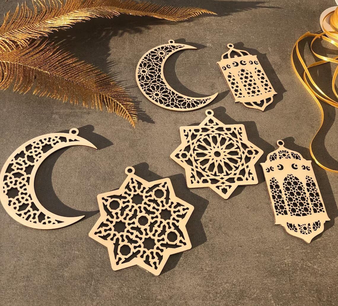 Set of 6 MDF Ramadan Mubarak Hanging Items Decoration|,Eid Decors,Ramadan Kareem Ramadan Decorations,Eid Gifts Islamic Table Decor Islamic Wall Art Ramadan Mubarak