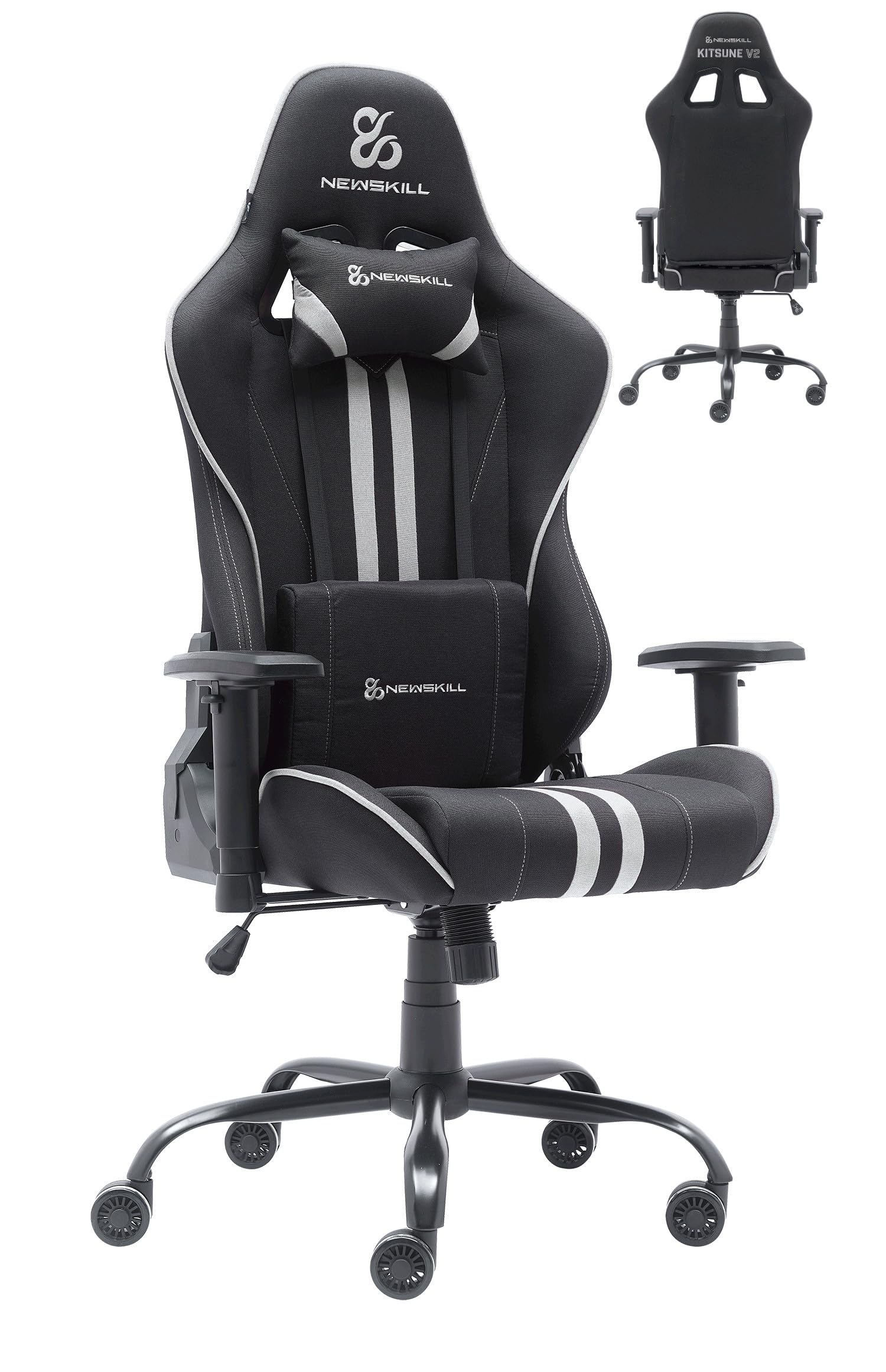 NEWSKILL KitsuneV2 - Silla Gaming ergonómica, Respaldo reclinable 180 Grados, reposabrazos 2D Ajustables, Cojines Lumbar y Cervical, Ruedas XL silenciosas, Tela Transpirable, Color Gris