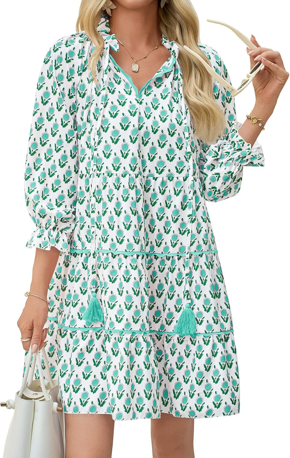 Wenrine Womens Casual Mini Dress Long Sleeve Floral Ruffle V Neck Fall Loose Boho Babydoll Dresses with Pockets Green - Image 2