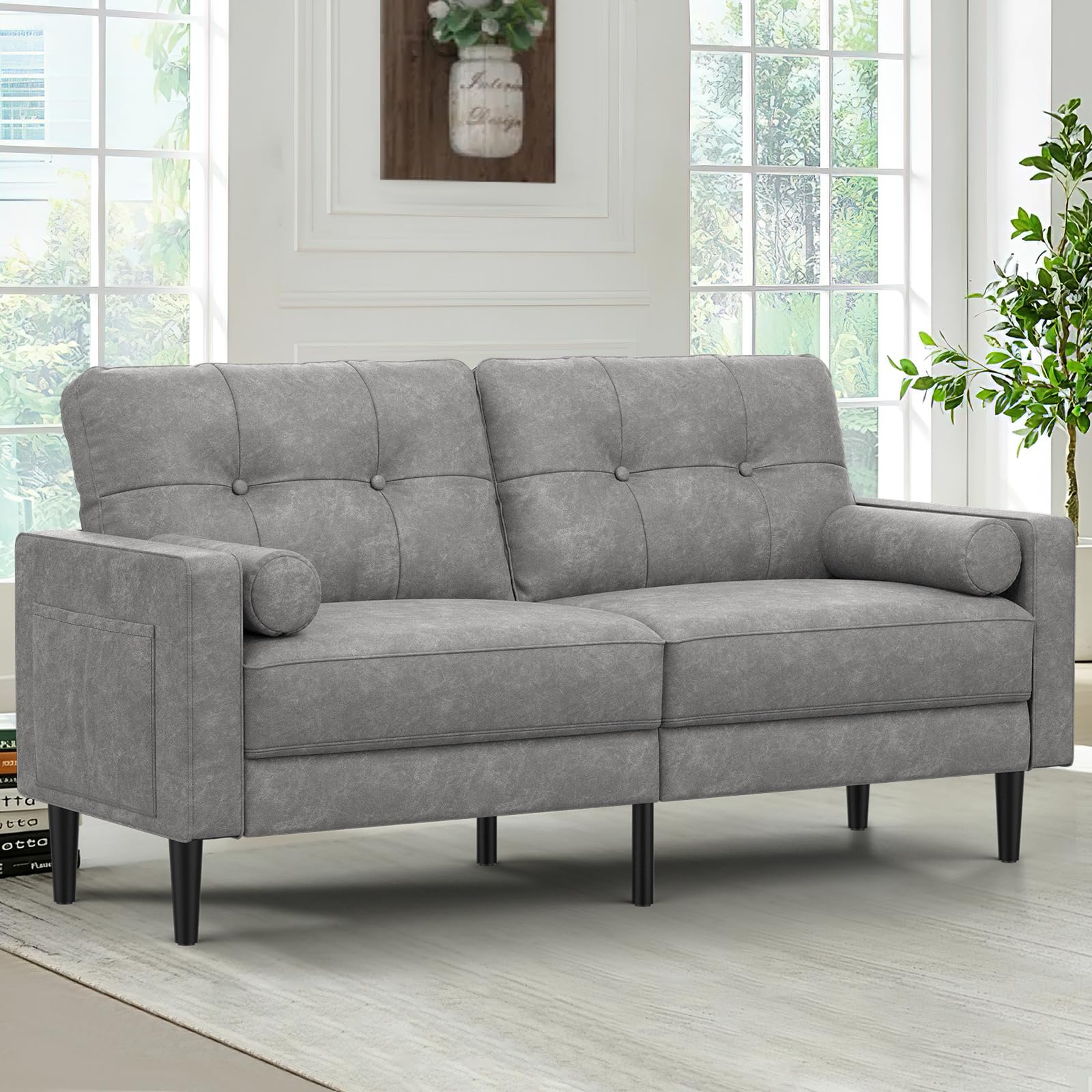 Aotumm Ciort 2 Seater Sofa, Thick Cushions, 2 Pillows & Pockets(PU-Grey)