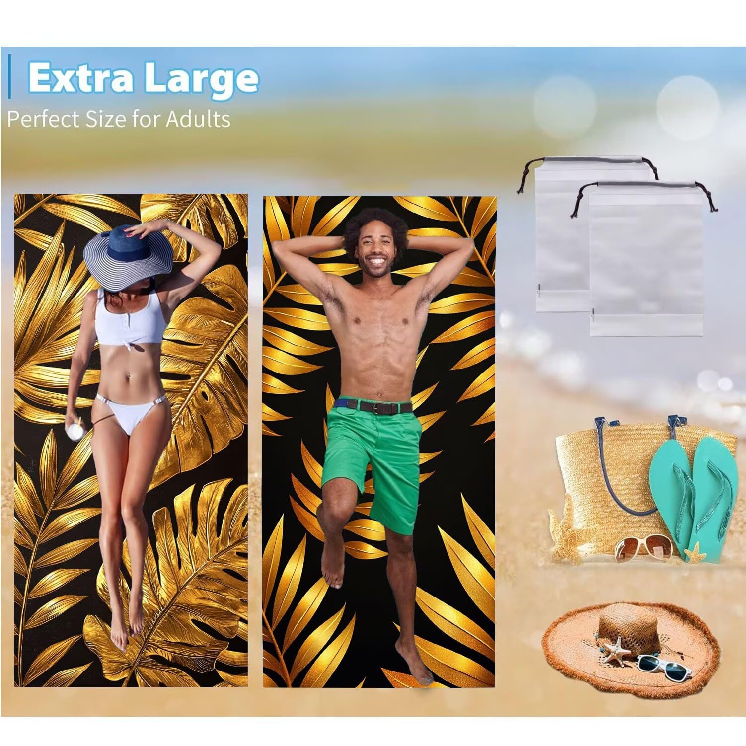 Strandtuch, Groß Strandhandtuch 100 x 200 cm 2er Set Mikrofaser Handtuch - Sandfrei Badetuch, Schnelltrocknendes Handtuch/Strandtuch xxl Saunatuch Stranddecke Zubehör (Pflanzen Blätter) V-1102