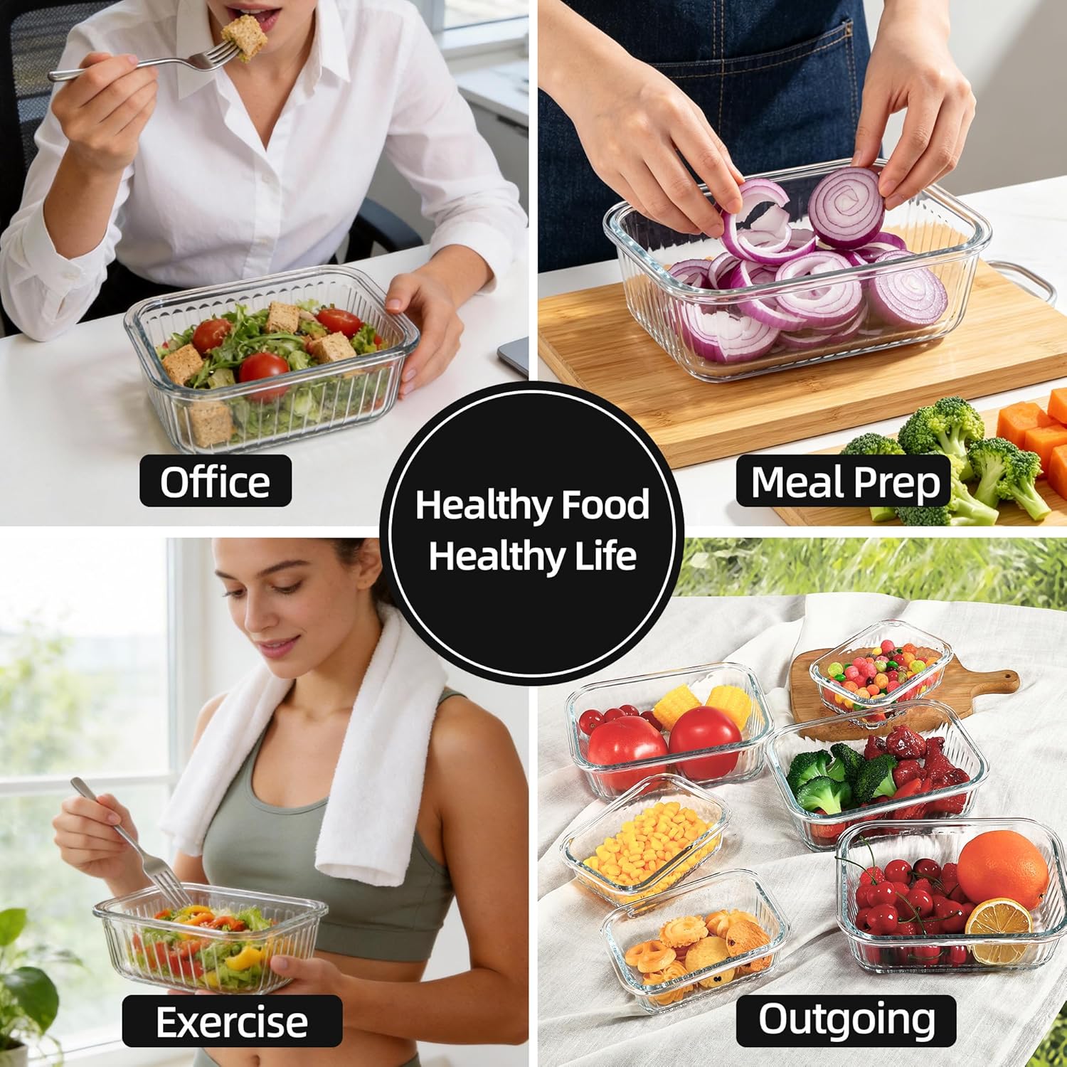 10-Pack Glass Food Storage Containers, 34Oz & 12Oz Borosilicate Glass Meal Prep Container Set with Airtight Lids, Leak-Proof Lunch Containers for Soup, Oven, Dishwasher, Freezer Safe, Grey