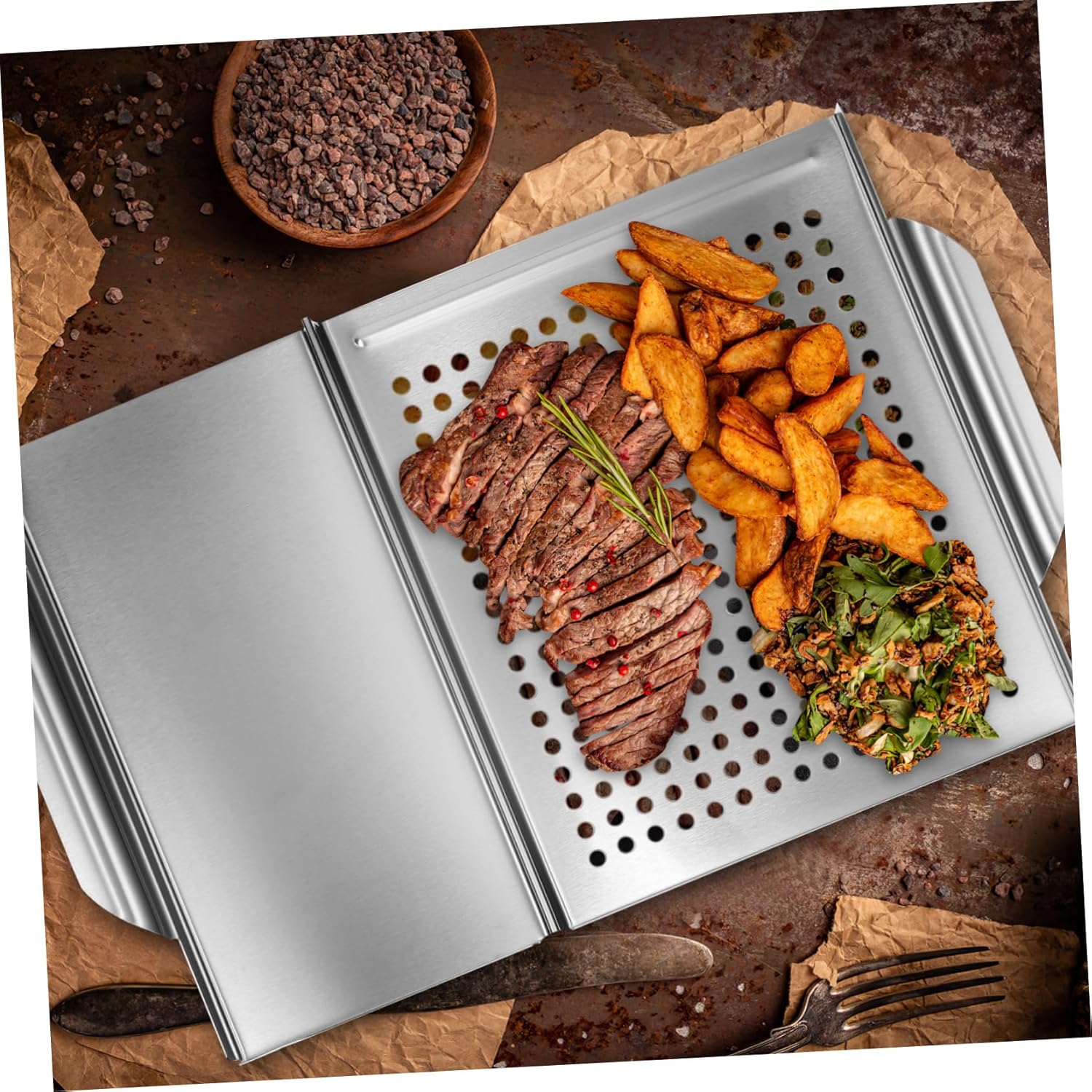 Amosfun 1Set Stainless Steel Grilling Tray with Food Tong Perforated Bbq Grill Serving Platter for Outdoor Cooking Easy to Clean for Even Cooking and Flavor Enhancement