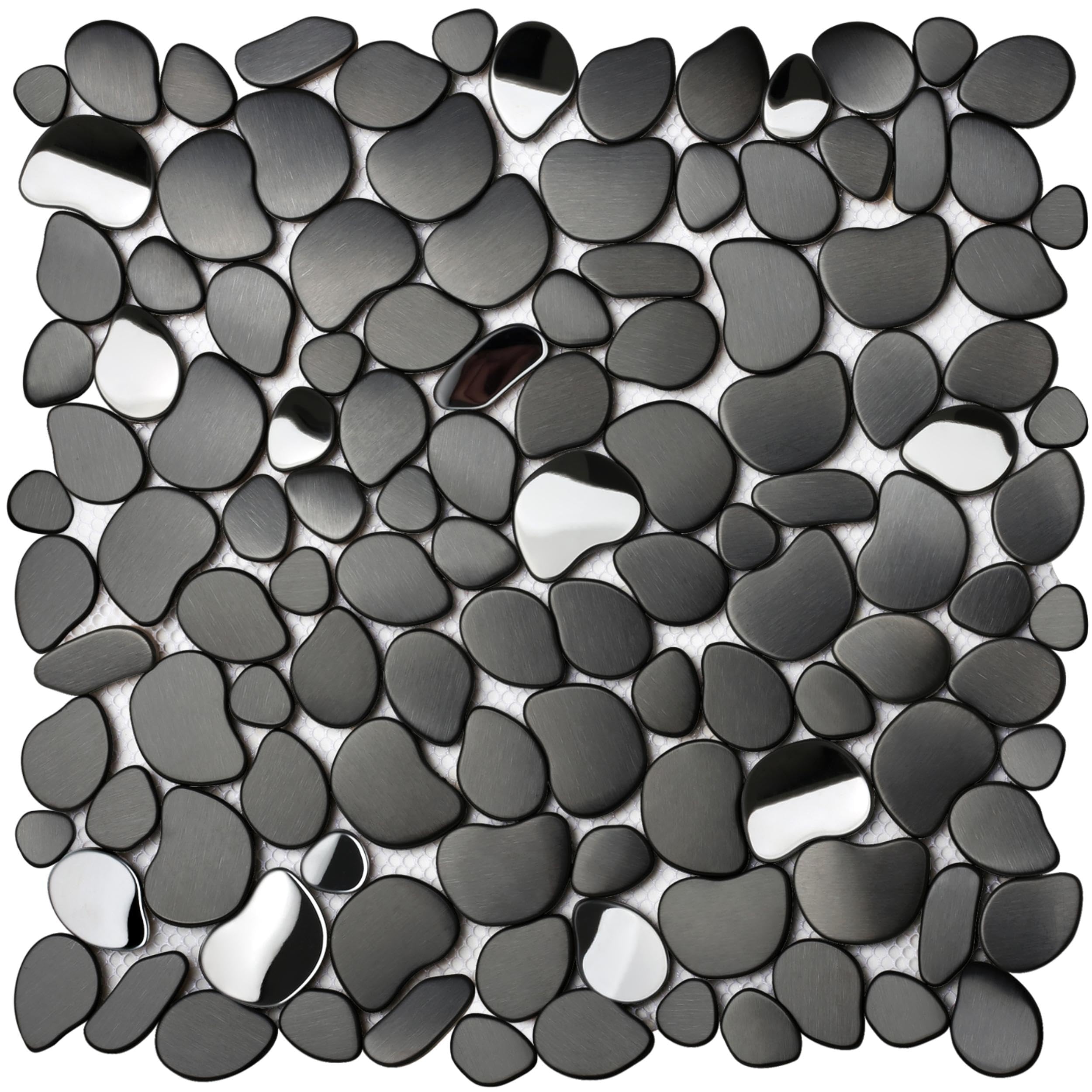 Primoon Black Tile Backsplash Pebble Tile Metal Mosaic Tiles for Kitchen Backsplash Bathroom Shower Floor【5 Sheets】