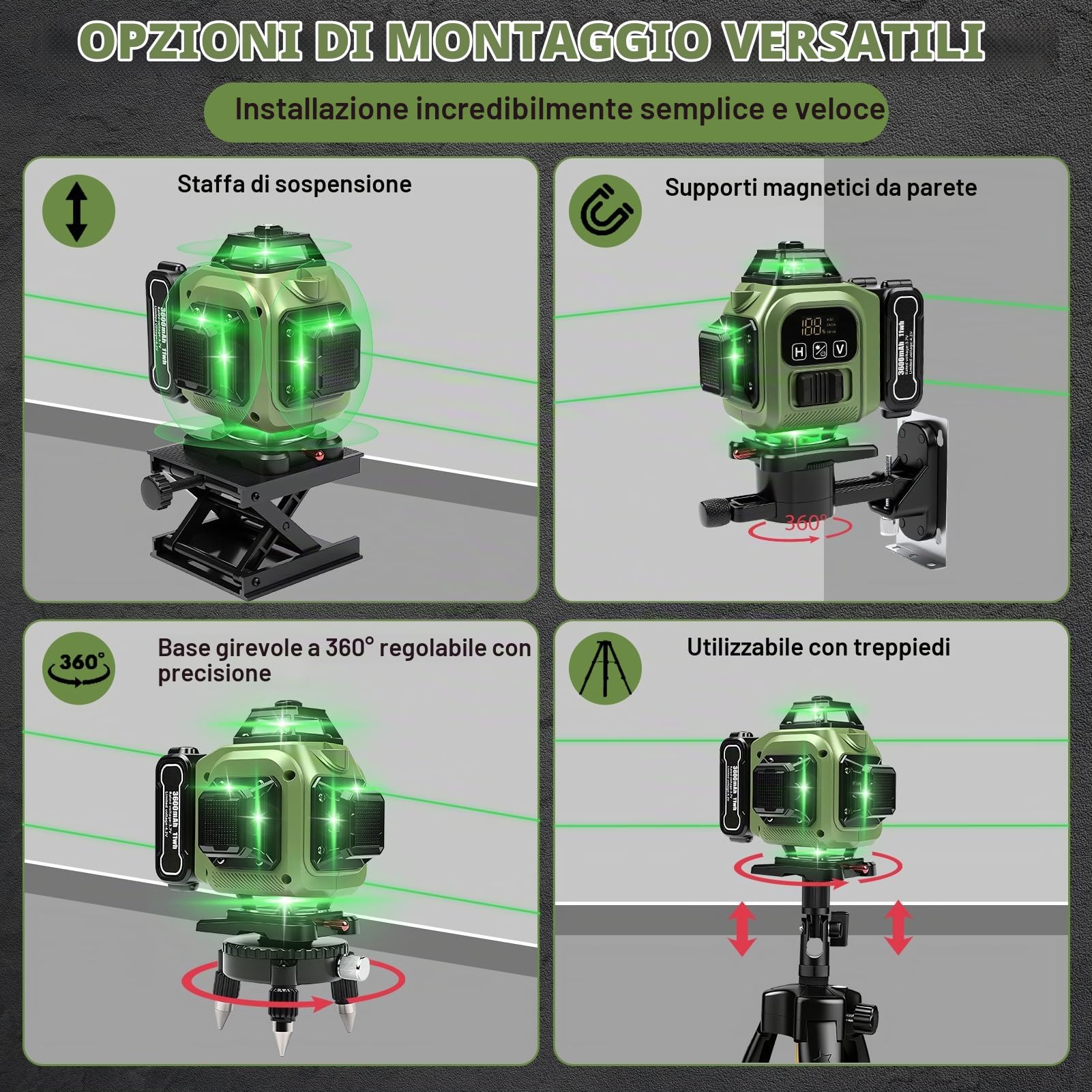 Livella Laser Autolivellante 4D 16 Linee con treppiede, Laser a linee incrociate a 4x360 gradi, batteria da 3600 mAh*3, Livellamento Automatico, per fai da te, Decorazione di interni ed esterni