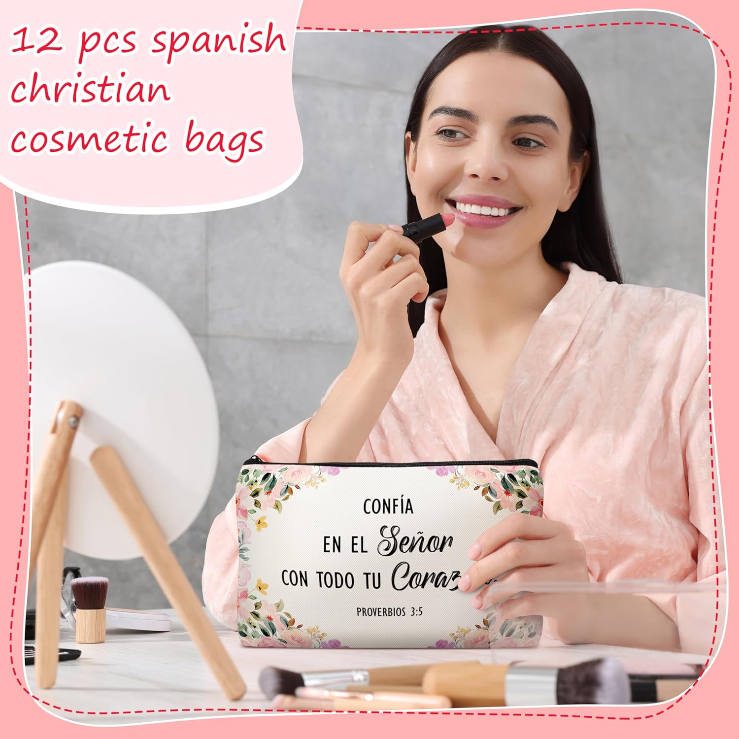 24 Pcs Spanish Christian Gift Set - 12 Women Makeup Bags Bulk & 12 Butterfly Keychains Inspirational Bible Verse Cosmetic Bags Religious Gifts for Women Regalos Religiosos Para Mujer En Español - Image 5
