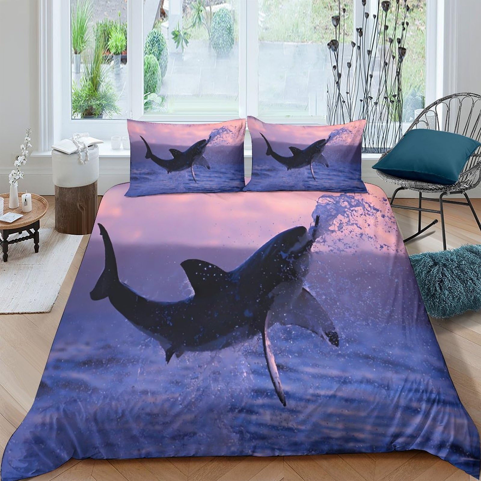 Ctjqhvkz Style-2 3D Printed Shark Ocean Fitted Sheet Microfiber Soft Breathable Sunset Sea Mattress Cover For Bedroom Dorm Mattress Protection Decor Single（135X200cm）