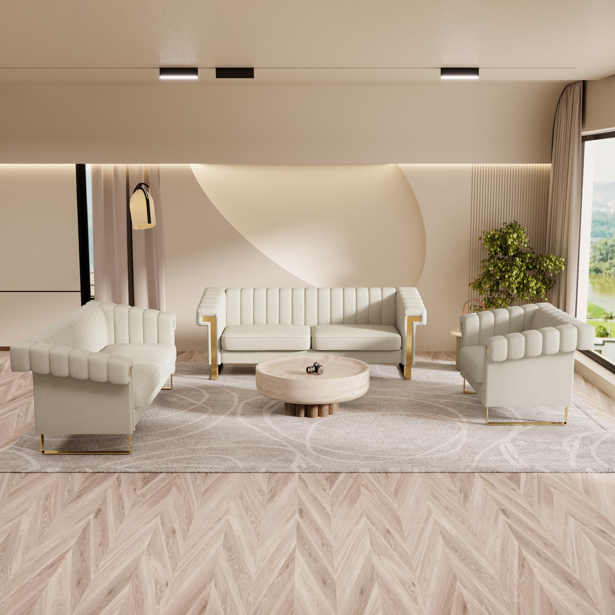 3 Piece Mid-Century Modern Velvet Couch Set for Living Room, Elegant Chesterfield Sofa Set with Tufted Design and Gold Metal Legs (Beige, 1+3+3 Set)