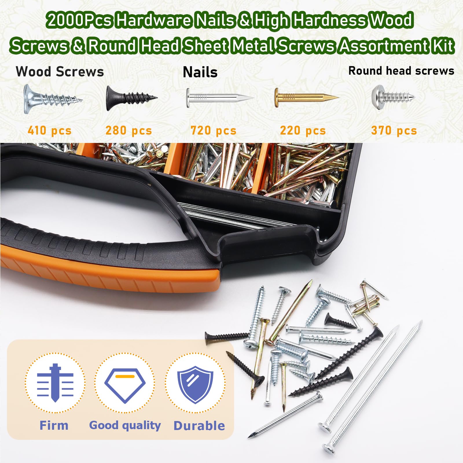 Juego de 2000 clavos de hardware y tornillos de madera de alta dureza y tornillos de chapa de cabeza redonda, cabeza plana, tornillos de madera, galvanizados, para colgar cuadros, madera, clavos