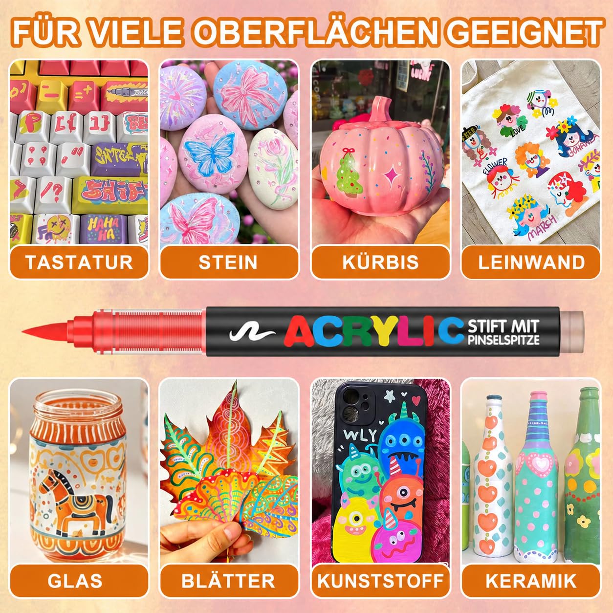 Melifluo 288 Acrylstifte Wasserfest – Acrylmarker mit Pinselspitze 1–6 mm & Direktfluss, Wischfest & Wetterfest – Acryl Stifte für Steine, Glas, Holz, Keramik, Stoff & Leinwand – Künstlerset
