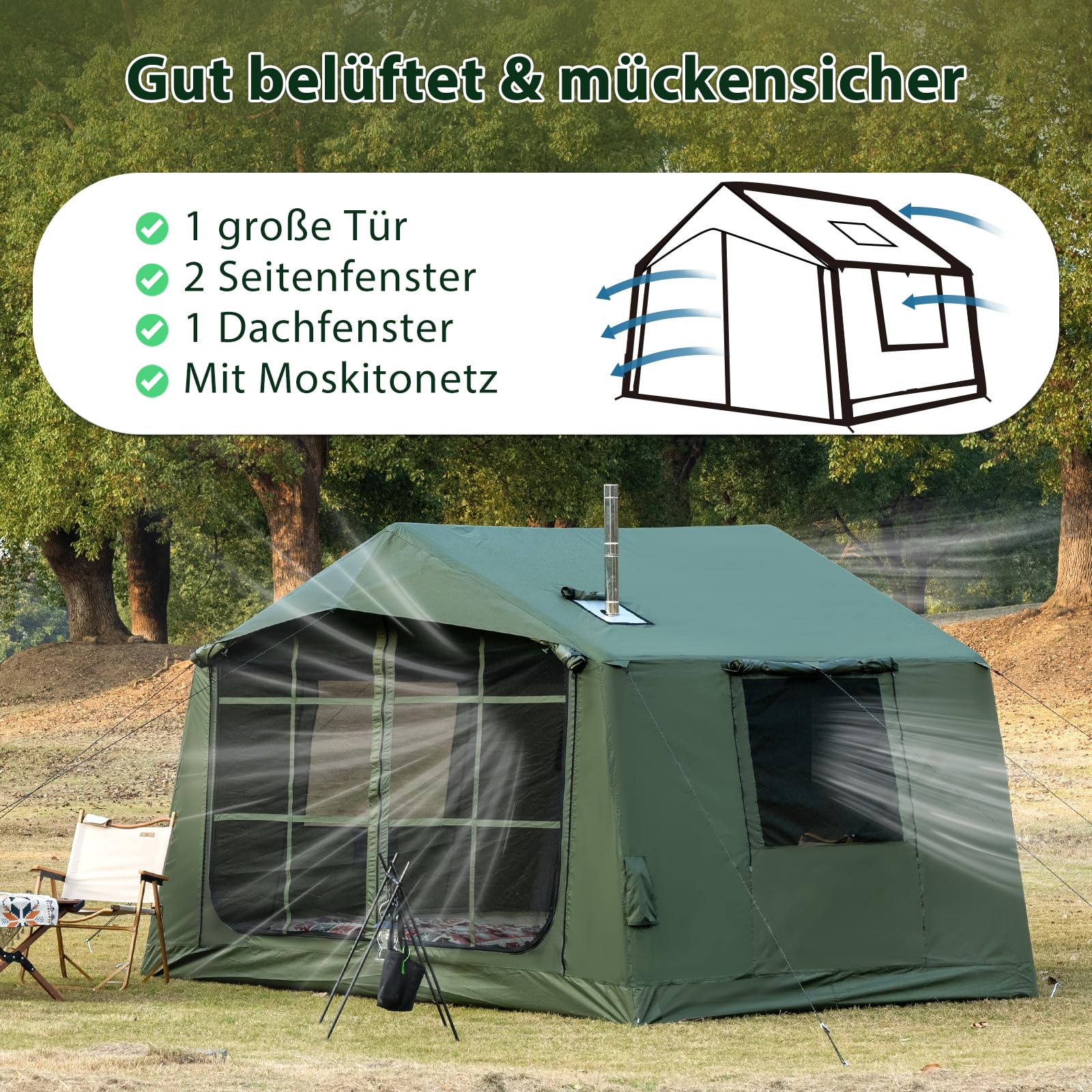 Tente de camping gonflable avec ouverture de cheminée, tente gonflable pour 4 à 6 personnes avec pompe à air, tentes gonflables en tissu Oxford imperméable pour les saisons, montage rapide