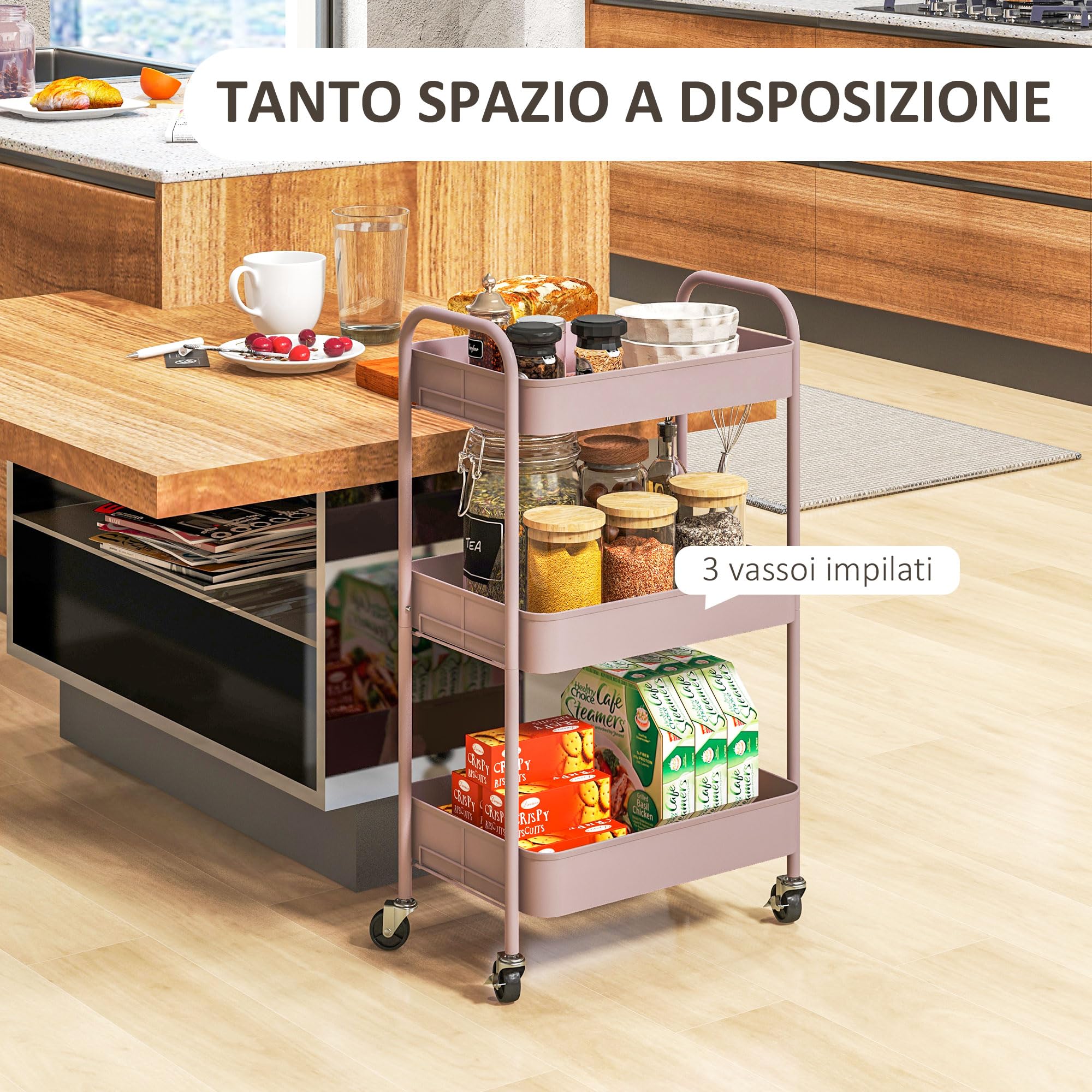 HOMCOM Carrello da Cucina a 3 Livelli con Maniglie e 4 Rotelle, Carrello Portaoggetti in Acciaio, per Ufficio, Soggiorno, Cucina, 45x30.6x79 cm, Rosa