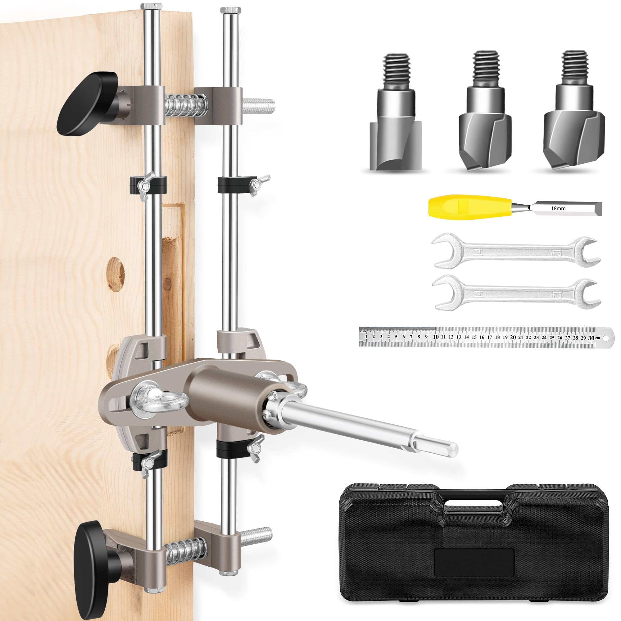 Mortise Lock Jig, Door Lock Hole Opener Kit with18mm 22mm 25mm Tungsten Steel Cutter Blade, Mortising Jig Tool, Door Lock Installation Kit for Wooden
