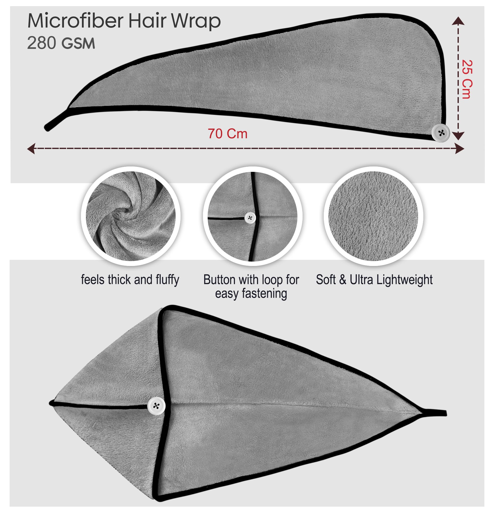 SOFTSPUN Microfiber Hair Cap 1 Pcs 70X25 cm Light Grey 280 GSM Super Absorbent Quick Dry Hair Turban for Drying All Kinds of Hair Straight or Curly Short or Long Thin or Thick Hair. 3