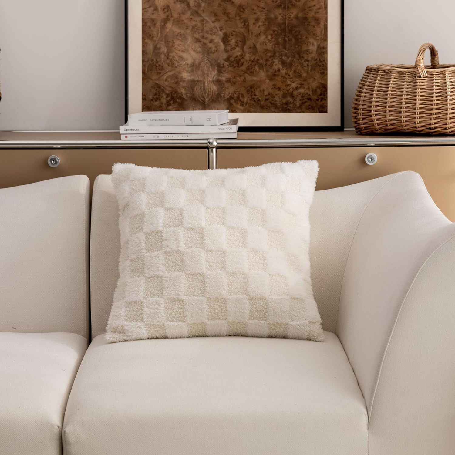 Demetex Checkered Plush Pillow Covers 18x18 Set of 2 Super Soft Cream Square Pillow Cases Modern Fur Throw Pillows for Couch Bed Sofa Living Room Valentines Day, 18 x 18 inch, Cream - Image 4