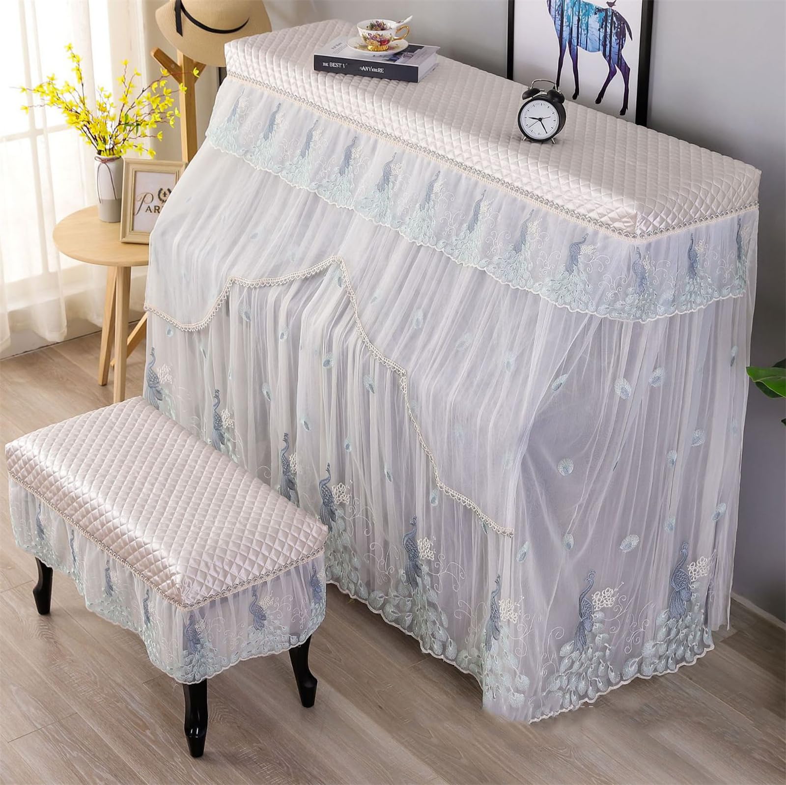 Piano Dust Cover Cloth With Stool Embroidery Lace Thickened Quilting Universal Upright Protective Full For Piano/a/single (b Single Stool)