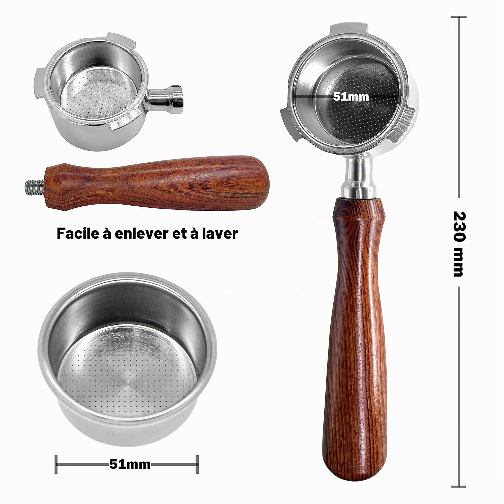 NEOUZA Espresso Bottomless Porte-filtre 51mm Compatible avec DeLonghi Dedica EC680/EC685/EC785/EC820/EC850/EC860 Machine à Café Smeg, Acier Inoxydable, Palissandre Premium
