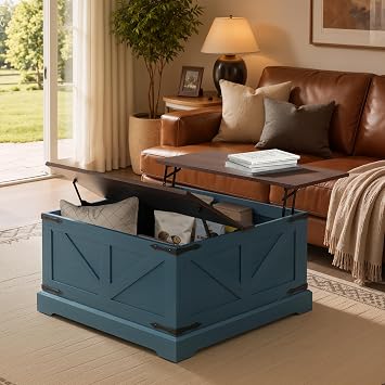 LOUVIXA Vintage Storage Coffee Table, Lift Top Coffee Table, Square Center Table, Living Room Tables, Wood Tea Table Blue