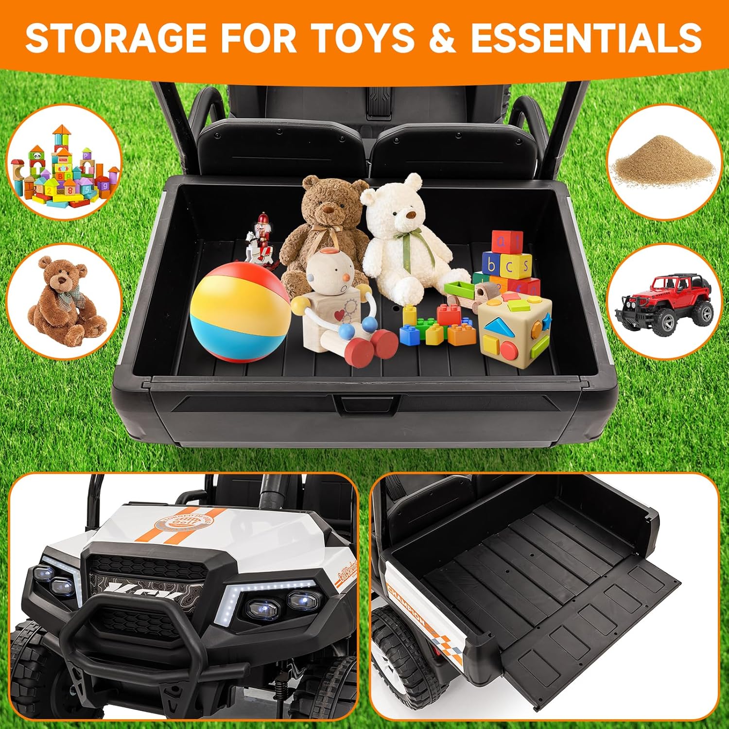 2 Seater 12V Ride On Toy Truck Golf Cart for Big Kids w/Roof, Sun Shade, Storage Trunk, 2WD, Parent Remote Control, 3 Speeds, LED Lights, Bluetooth & Music (White, 12V)