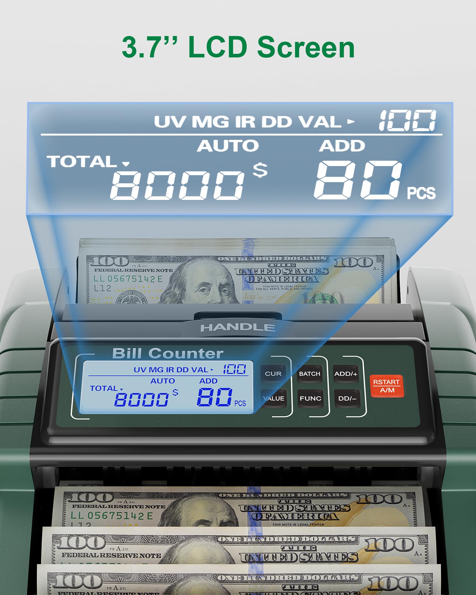 AL1000 Contador de Billetes, Detección de Billetes Falsos UV/IR/DD/MG, Conteo de Valor & Lote & Adición, Pantalla LCD, 1200 Billetes/Min, Compatible con Múltiples Monedas, Verde Oscuro