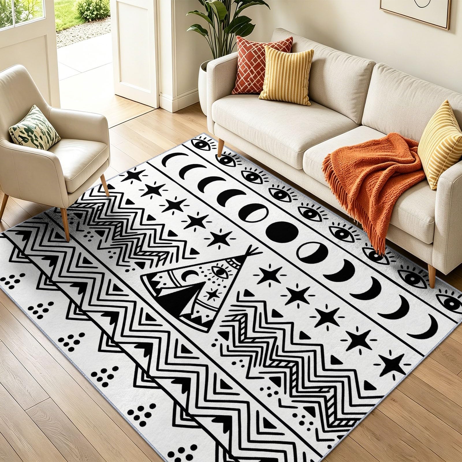 Dywan do salonu, boho, etniczny, geometryczny, księżyc, gwiazdy, linie, czarny, miękki, niskie runo, antypoślizgowy, dywan, przyjazny dla dzieci, do sypialni, jadalni, kuchni, 60 x 110 cm