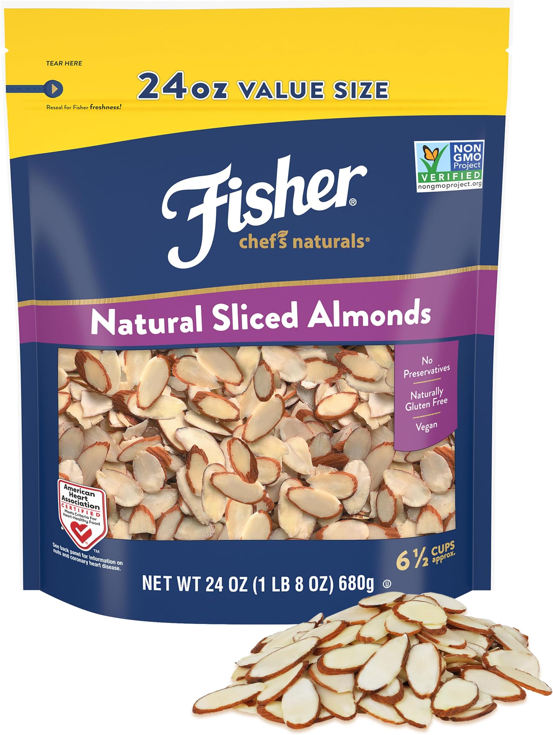 Fisher Chef's Naturals Unsalted Sliced Almonds 24oz Resealable Bag, Raw Nuts Perfect for Cooking, Baking & Snacking, Healthy Snacks for Adults, Vegan Protein, Keto Snack, Gluten Free