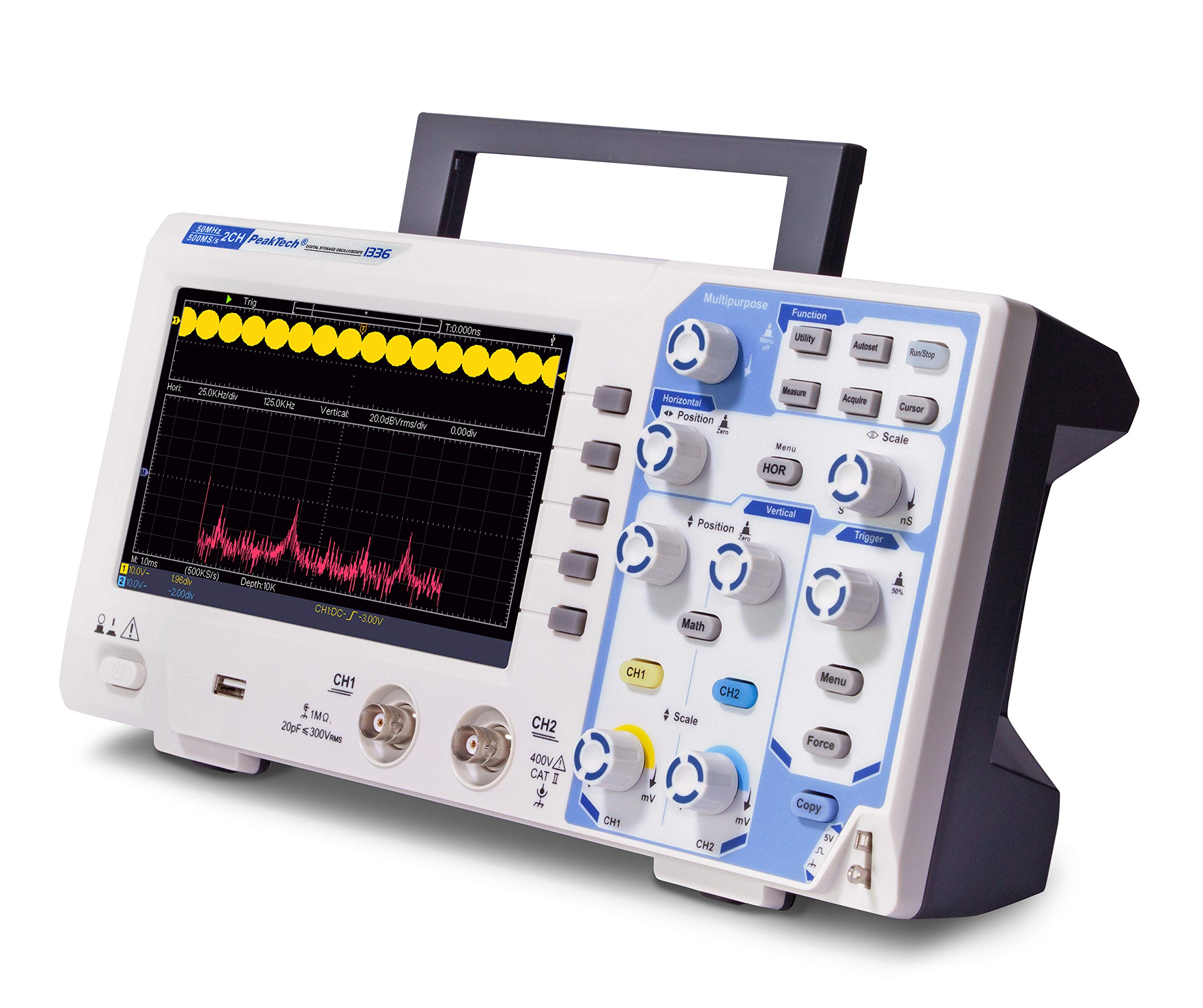 PeakTech P 1336 - Osciloscopio digital de 2 canales (50 MHz, con interfaz USB, 15 W, 240 V)