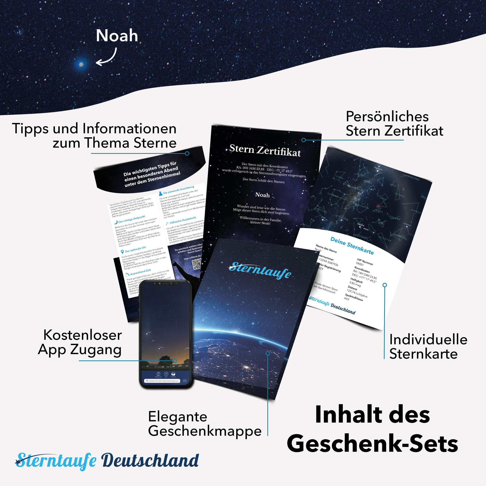 Sterntaufe - Personalisiertes Taufgeschenk für Mädchen & Jungen mit Zertifikat & Planetarium App - Einzigartiges und Symbolisches Geschenk zur Taufe