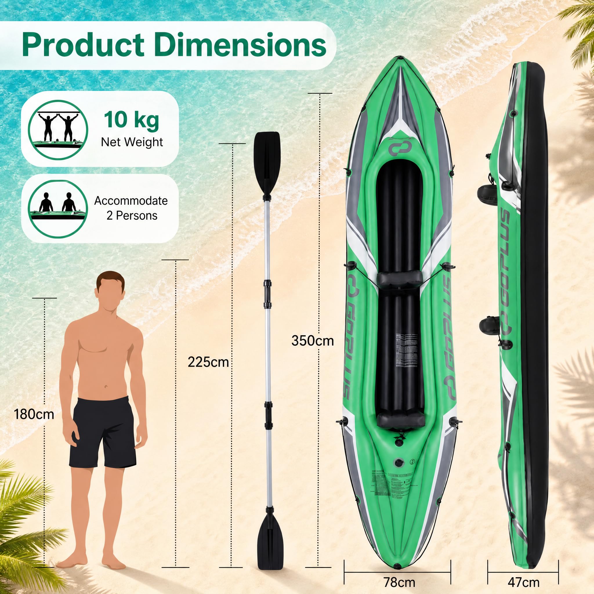 GOPLUS Kayak Hinchable para 2 Personas con Remos | Barca Inflable para Pesca con 2 Asientos, Bomba Manual, Regla para Pescar, Carga de 160 kg, Kit de Reparación
