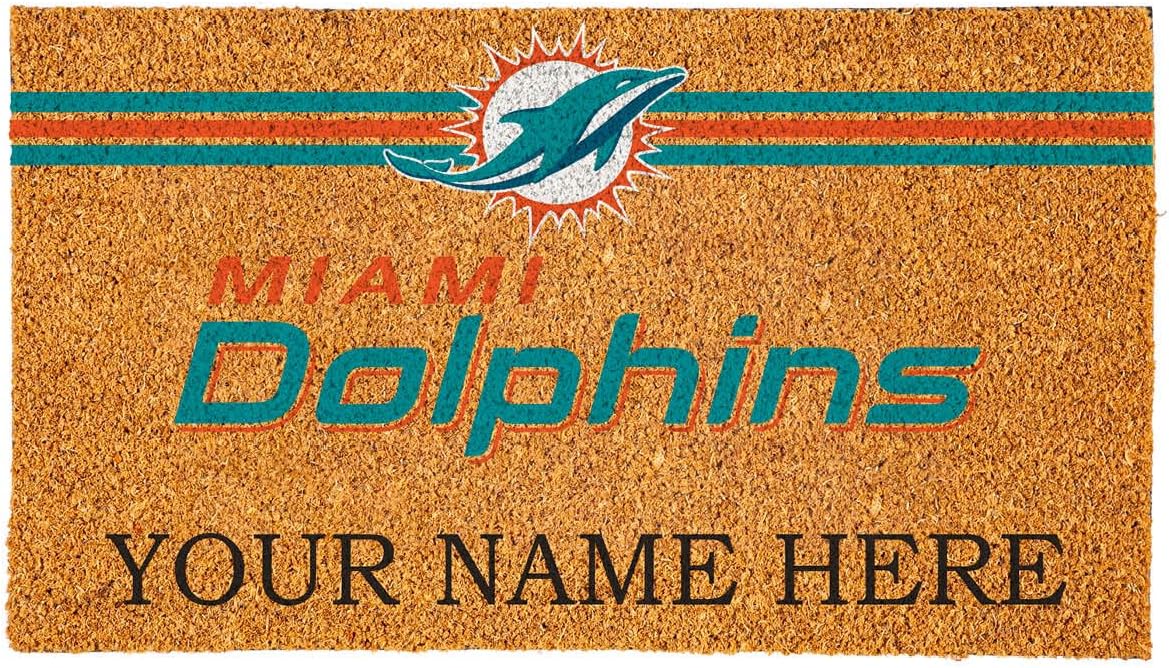 Team Sports America NFL Miami Dolphins Personalized Coir Door Mat, 18 x 30 Inches Custom Name Doormat with Non Slip Back, Front Door Welcome Mats