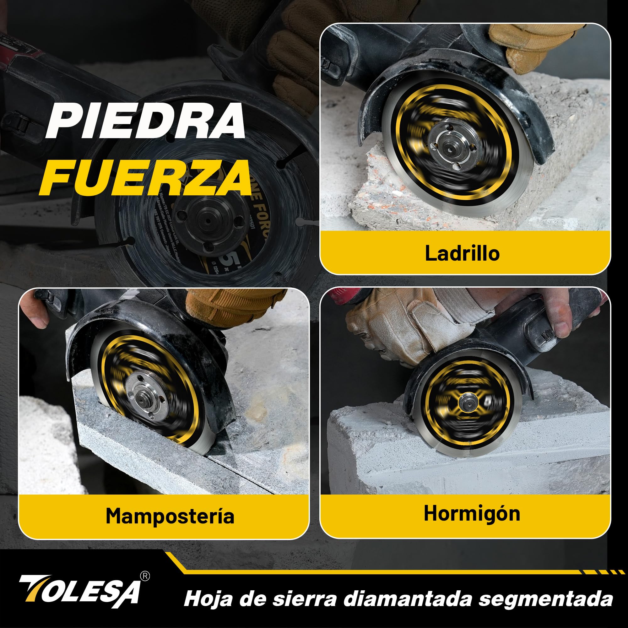 TOLESA Disco Diamantado 125 mm Segmentado para Amoladora, Para Cortar Hormigón, Piedra, Ladrillo y Mampostería, Orificio 22,23 mm con Adaptadores 20/16 mm, Corte Rápido (Paquete de 3)
