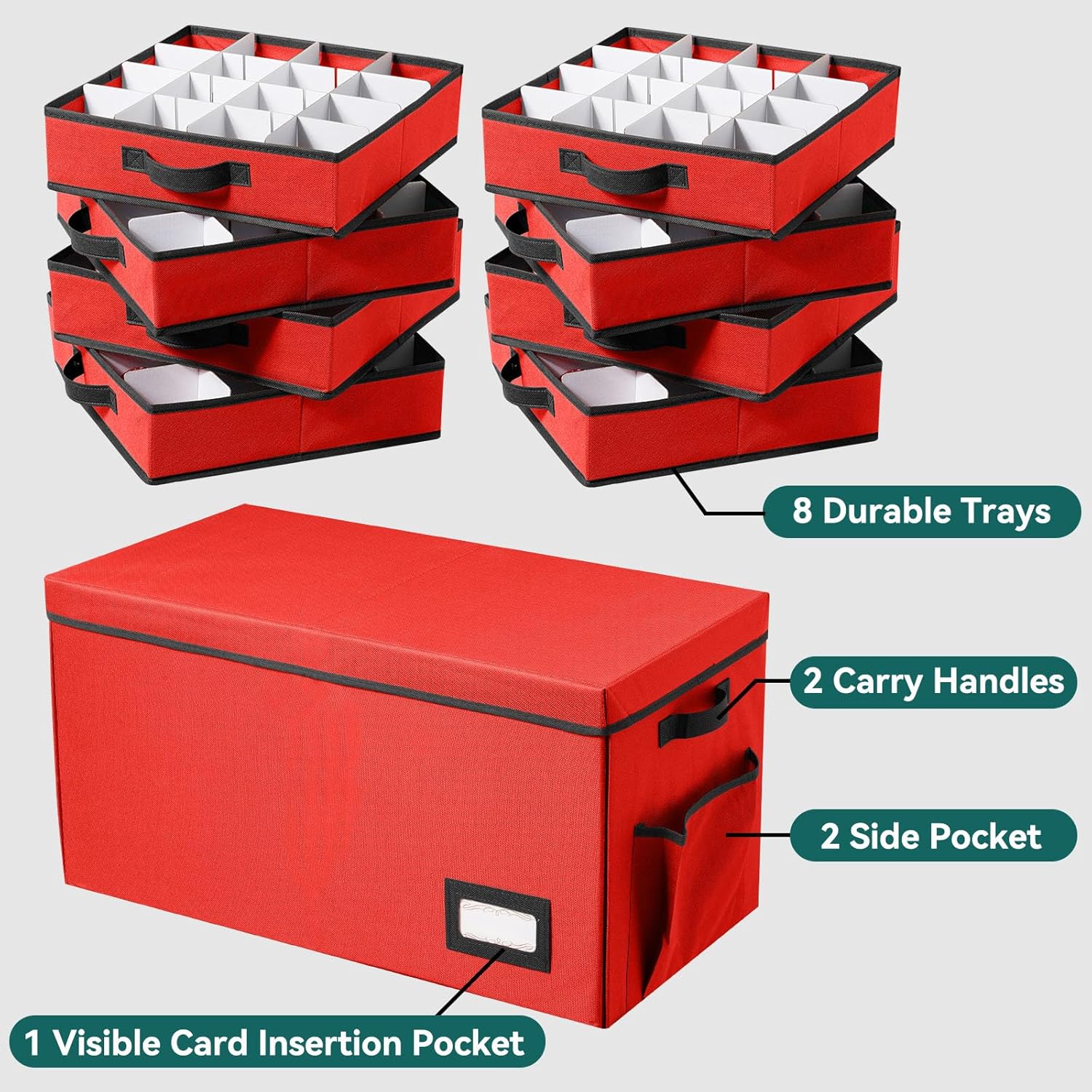 Christmas Ornament Storage Box, Stackable Organizer with Lid and Pockets, Side Open, 8 Trays, 128-3" Holiday Ornament Container with Removable Trays and Adjustable Dividers, Red