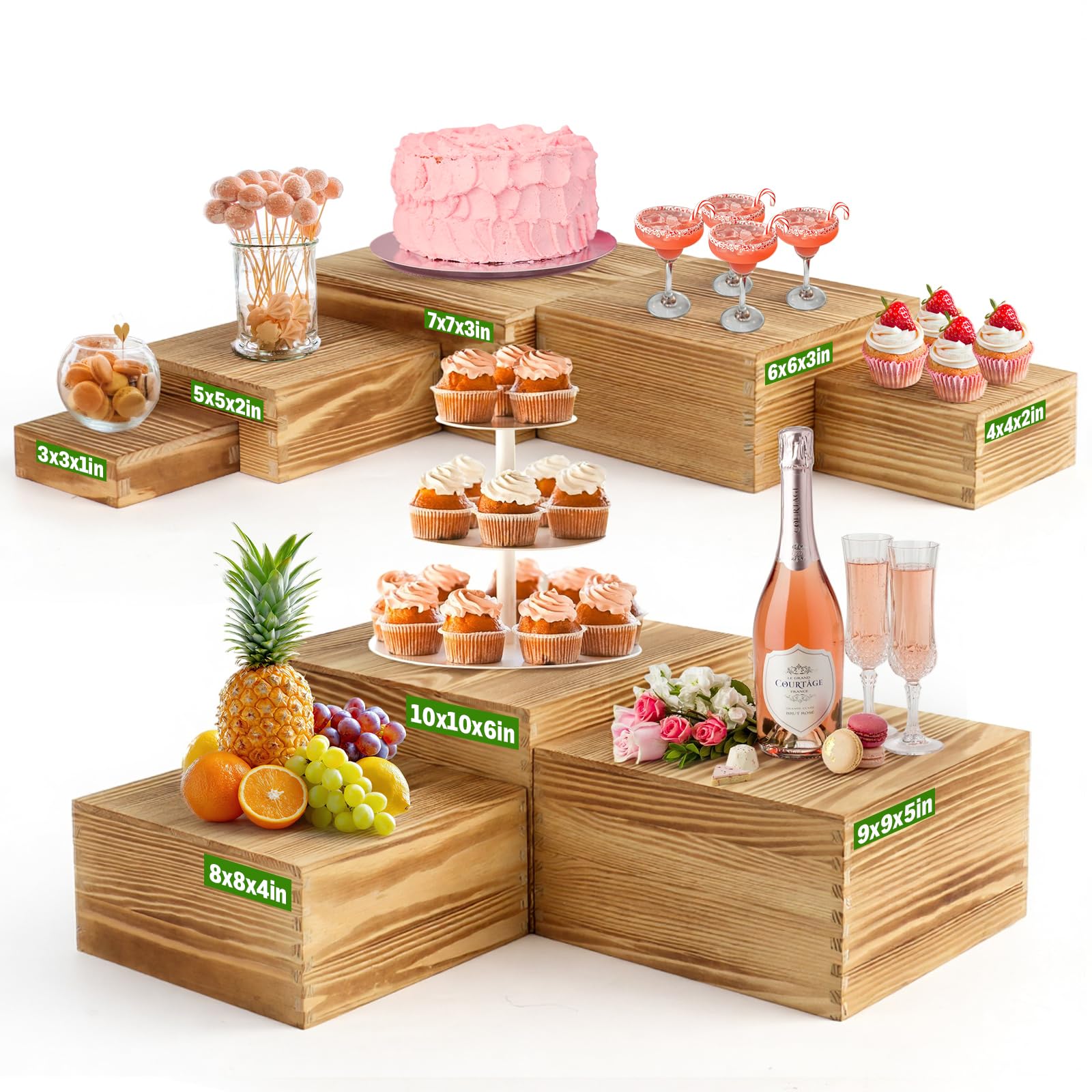 Photo 1 of **2 PCS**Budiwati 8-Pack Pine Wood Buffet Risers, Multi-Size Nesting Cube Food Display Stands for Buffet Table & Catering, Hollow Bottoms Food Risers for Multi-Level Buffet Presentation