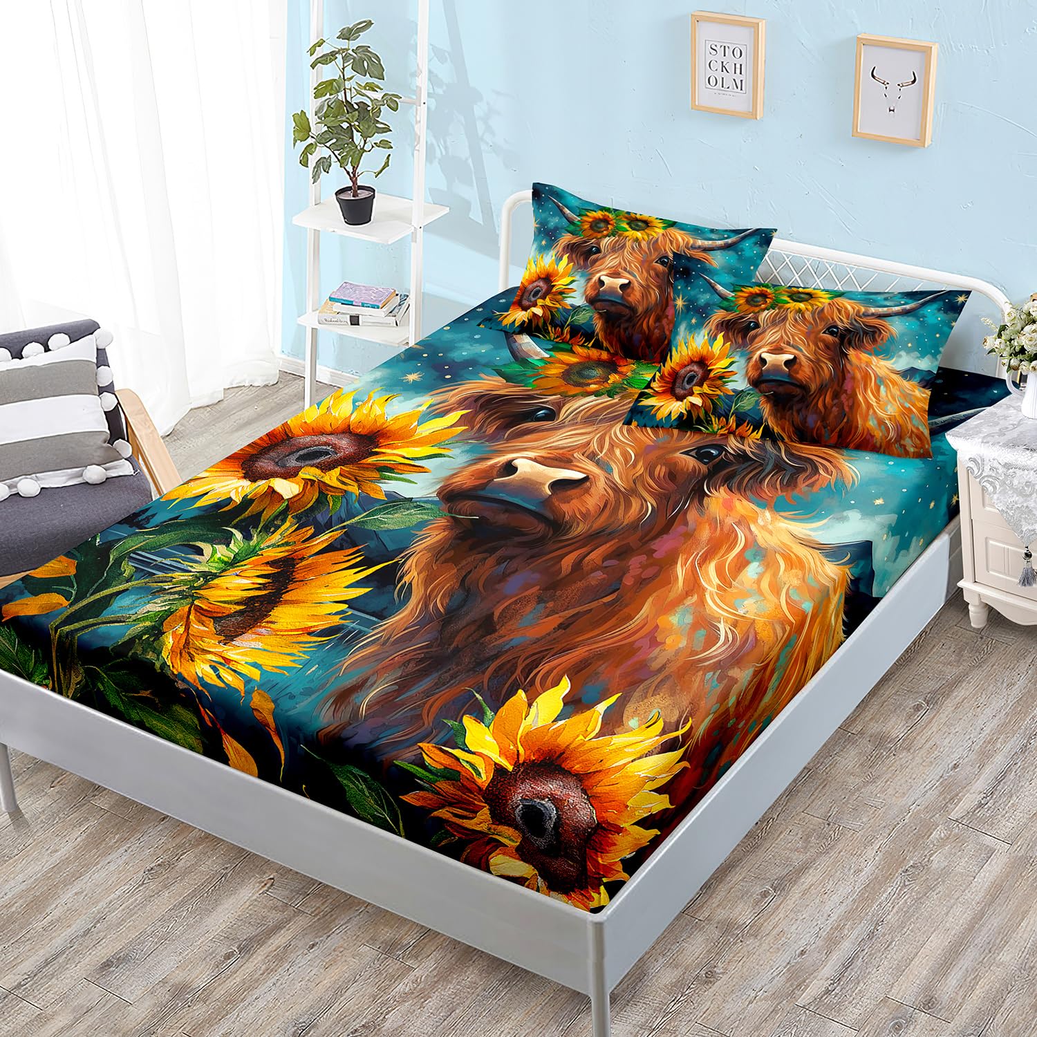 HOSIMA Western Farmhouse Animals Cow and Sunflower Bedding Set 3Pcs with 2 Pillowcases Highland Cow Print Bed Set