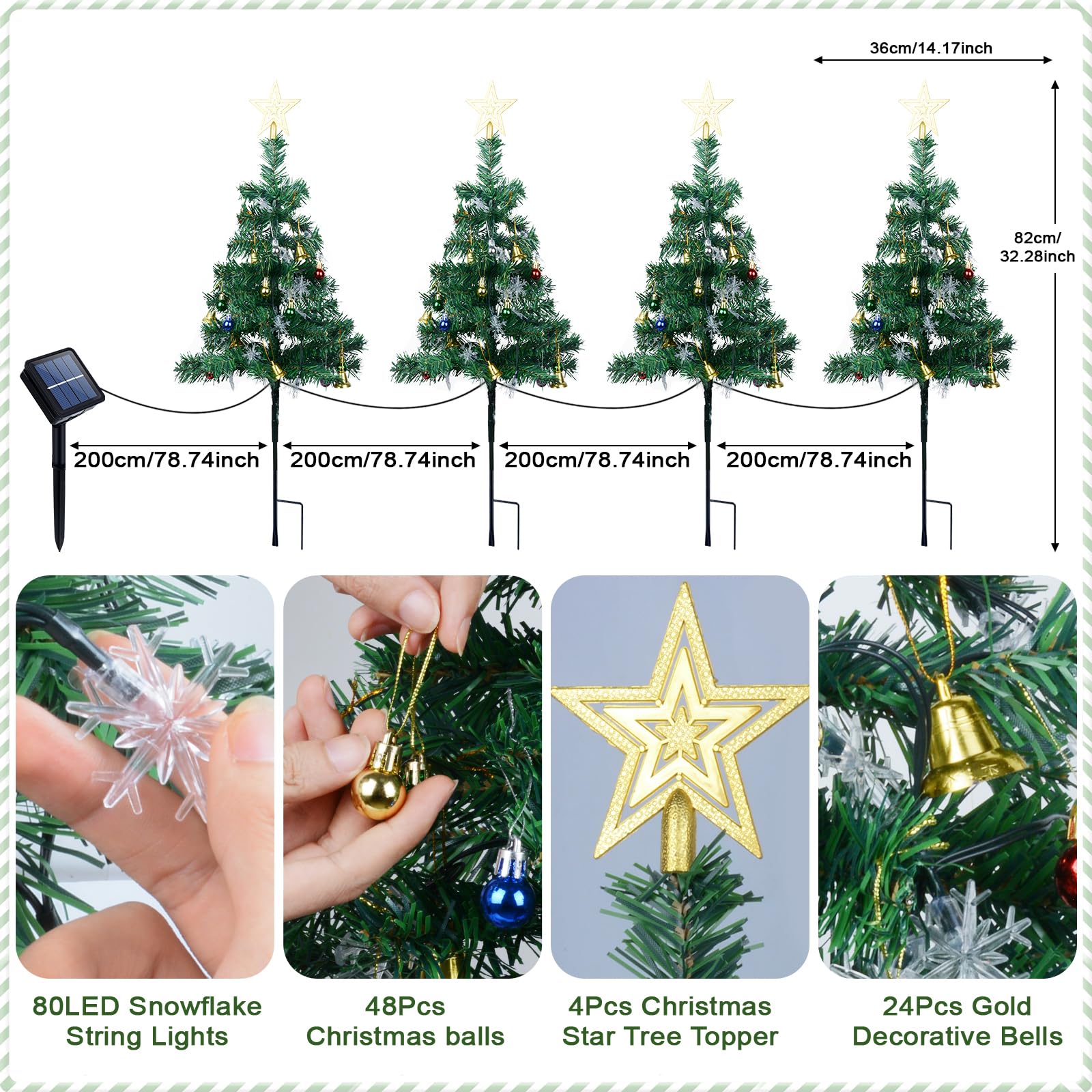 Albero di Natale con Luce Solare, 4 Pezzi Luci Solari Albero con 80 LED Fiocco di Neve Catena Luminosa, Stella di Natale per Albero, Lampade Solari Natalizie Decorazioni per Giardino Esterno Patio