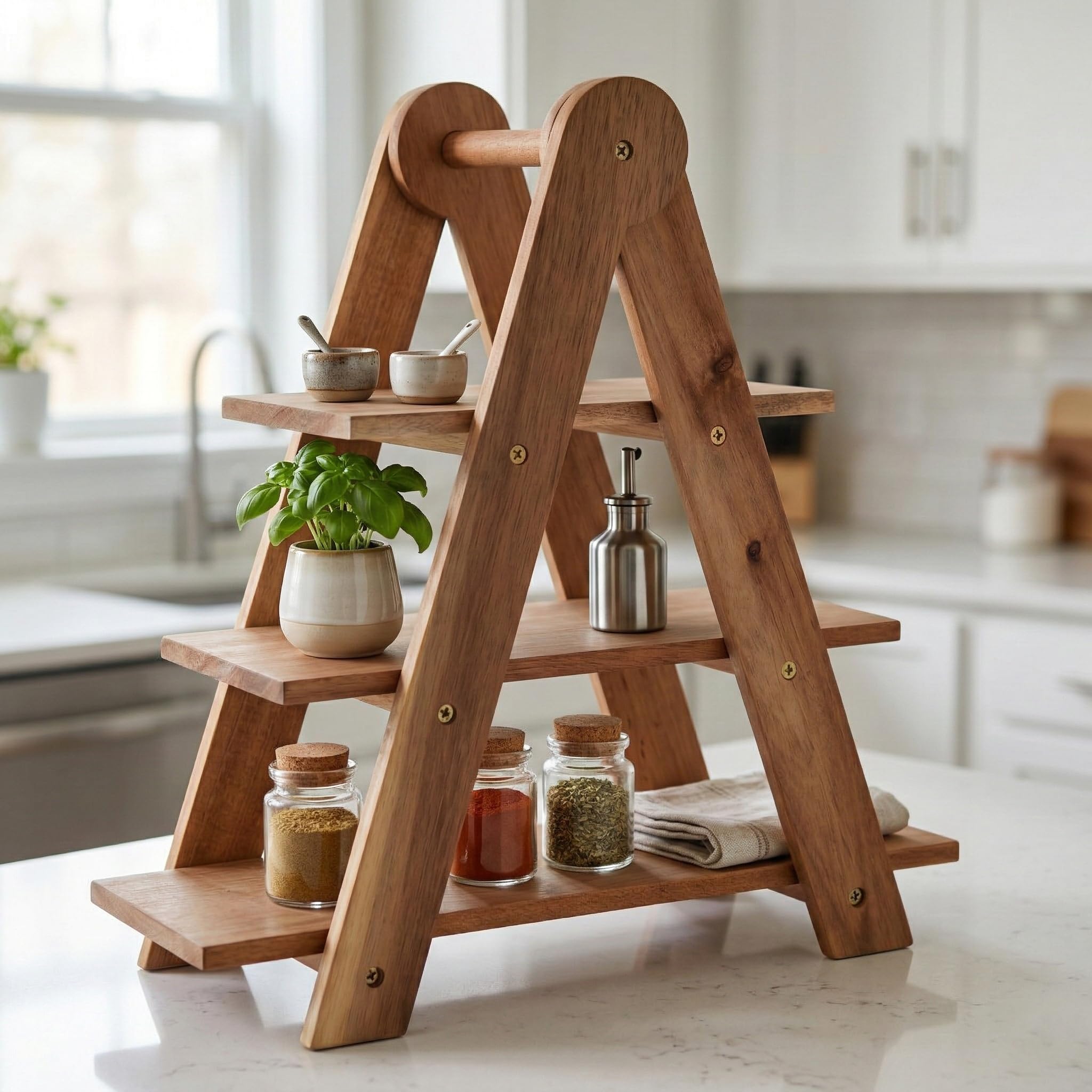 Deconox Doğal Akasya Ahşap 3 Katlı Sunum Standı - 37x12.3x37.5 cm Çok Amaçlı Katlı Servis Tepsisi, Kurabiyelik ve Peynir Sunumluğu