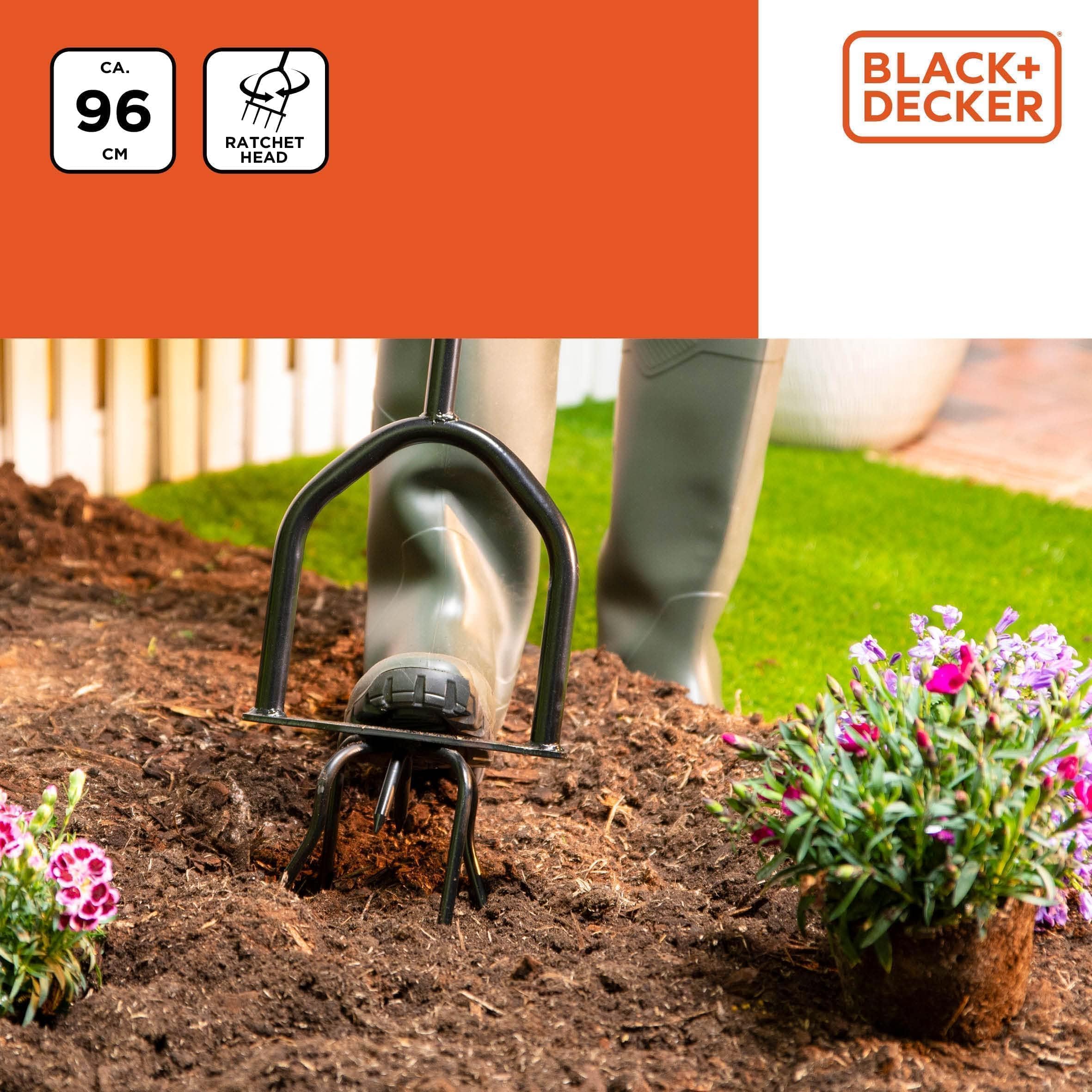 BLACK+DECKER Serpette de Jardin avec cliquet - Tête rotative - Poignée Ergonomique - Cultiver et désherber - Noir/Orange