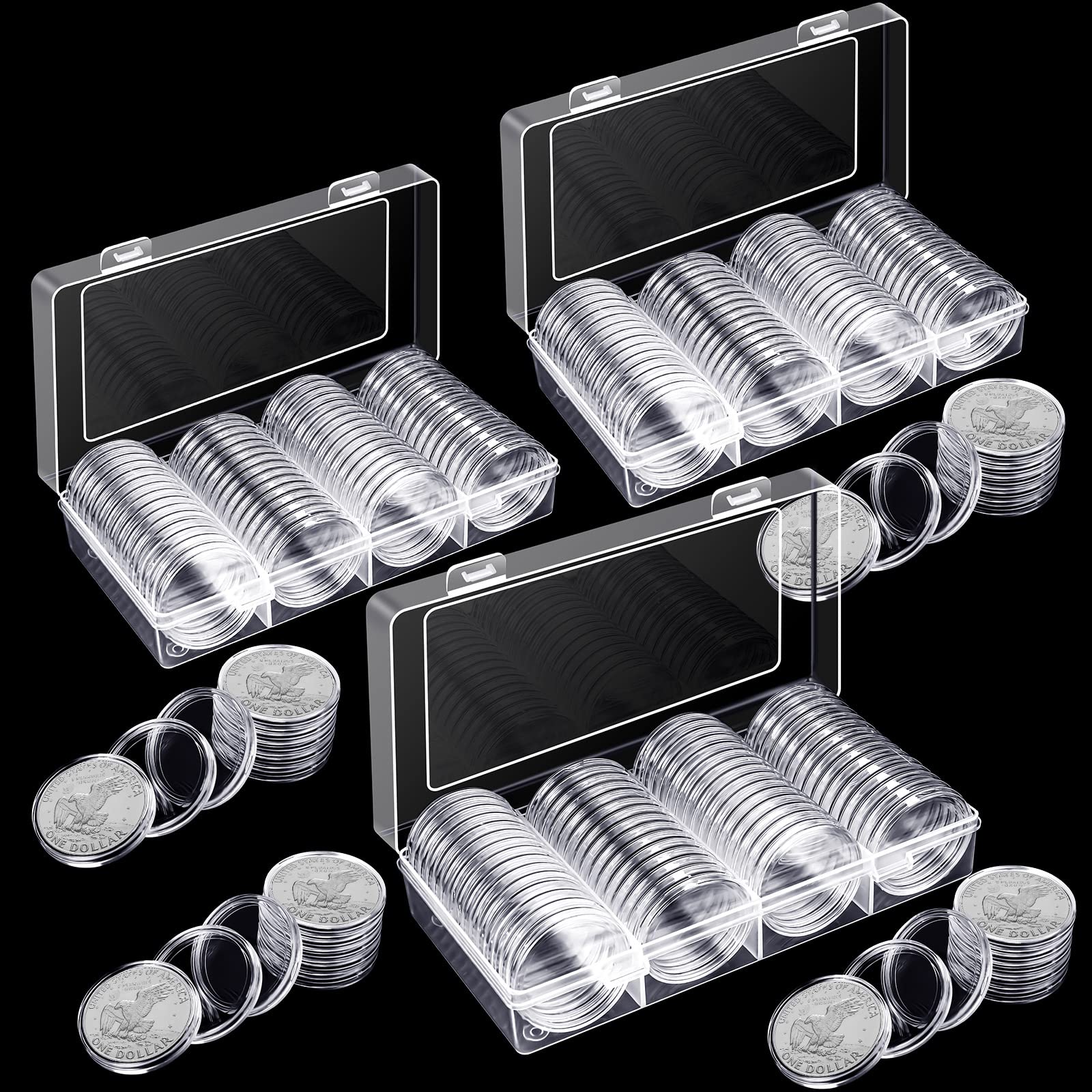Silver Dollar Coin Case Holder for Collectors 40.6mm Silver Bar Plastic Round Coin Capsules Covers with Storage Organizer Box for Silver Bar Coin