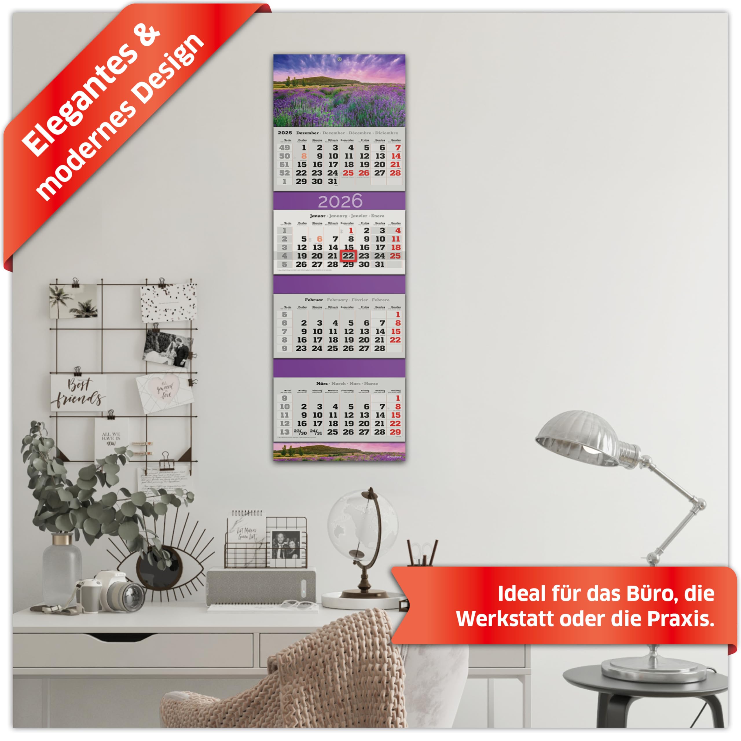 PRIMUS PRINT Calendario XXL 2026 – Calendario de pared – Calendario de pared de 4 meses – con fecha deslizante, calendario para colgar, incluye días festivos y vacaciones, varios diseños – [1 lavanda]