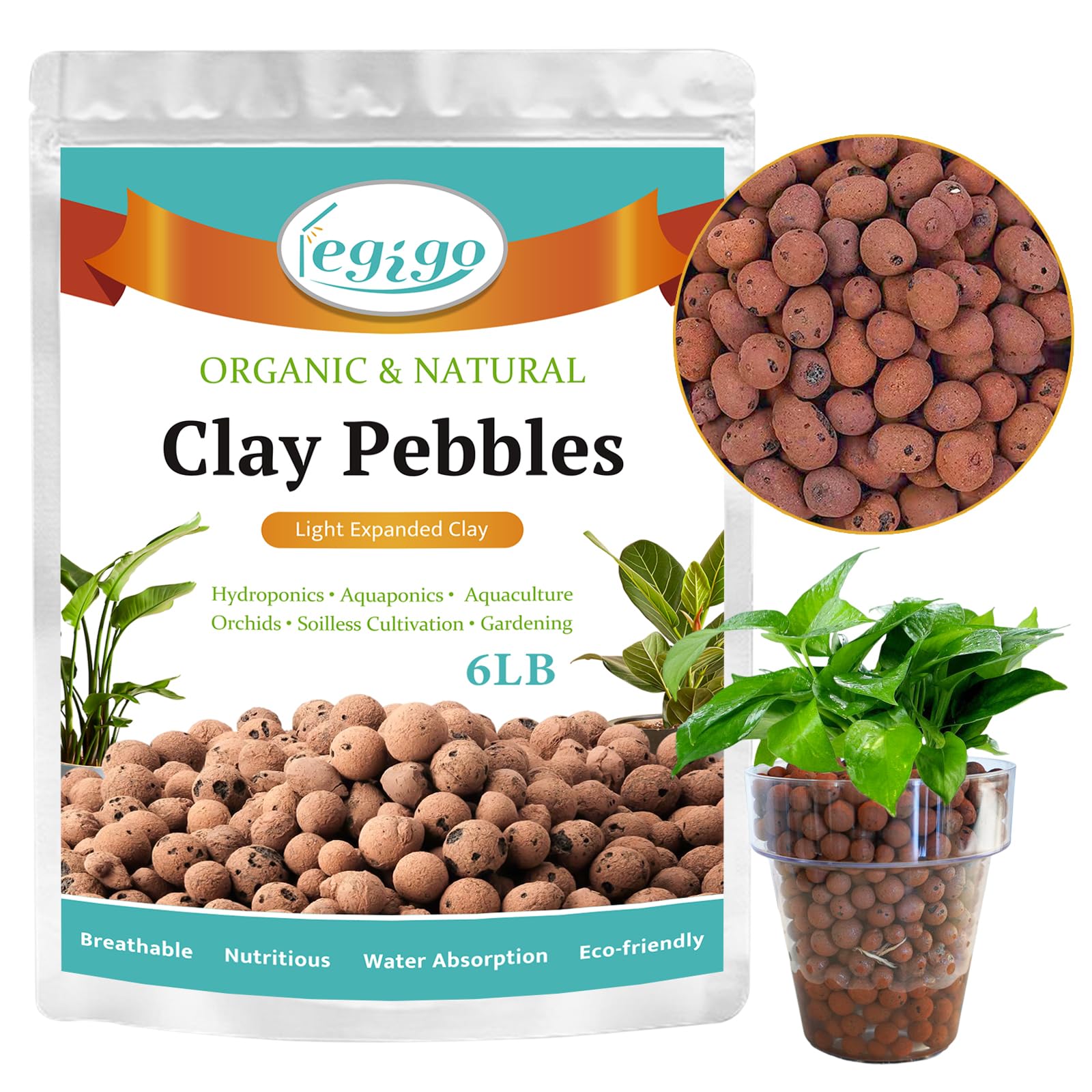 Legigo Galets d'argile organique expansés de 2,7 kg, agrégat d'argile expansée légère de 4 mm à 16 mm, galets d'argile naturelle pour culture hydroponique et aquaponique, mélange de rempotage