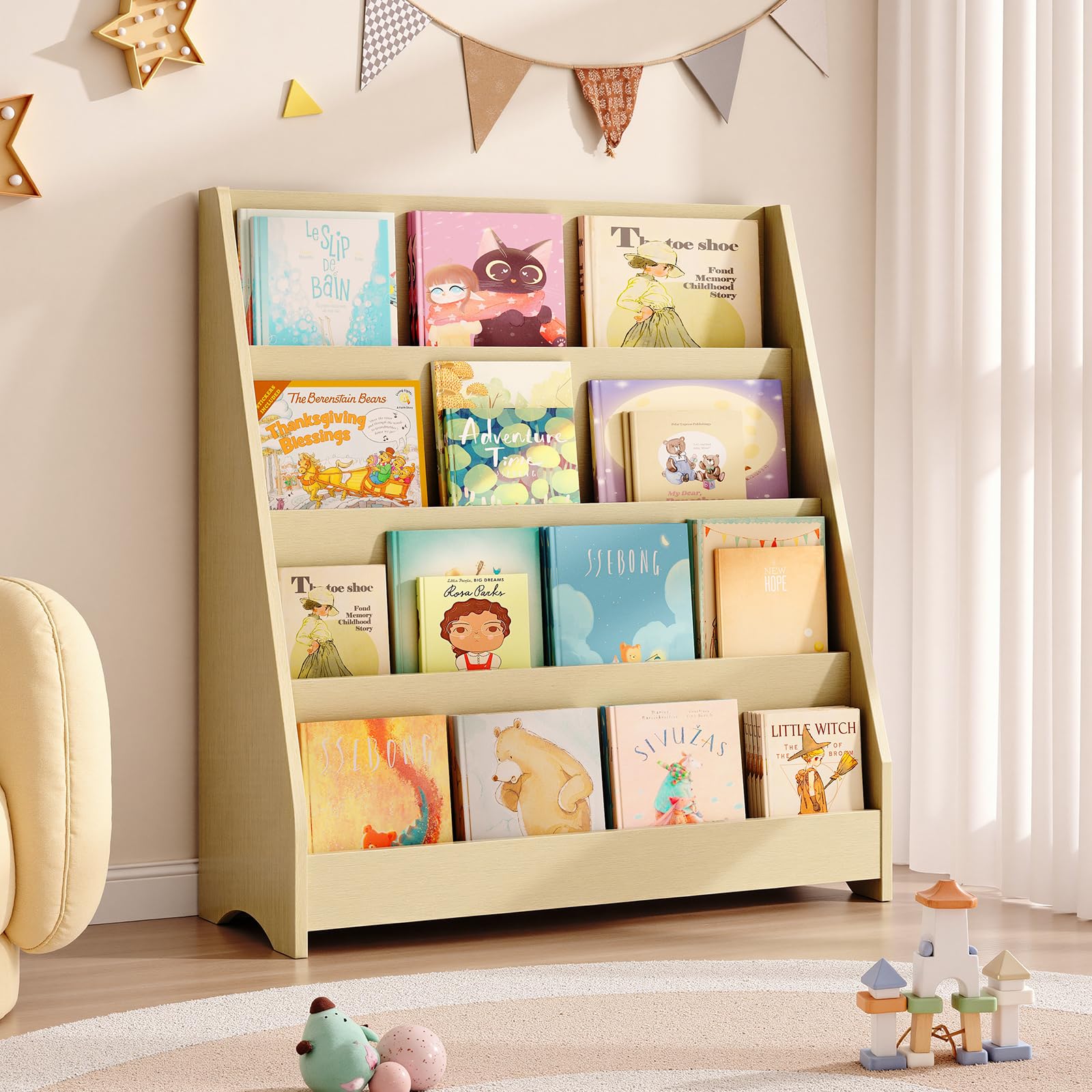 Tatub 4 Tier Kids Wooden Bookshelf for Toddler, Natural Wood