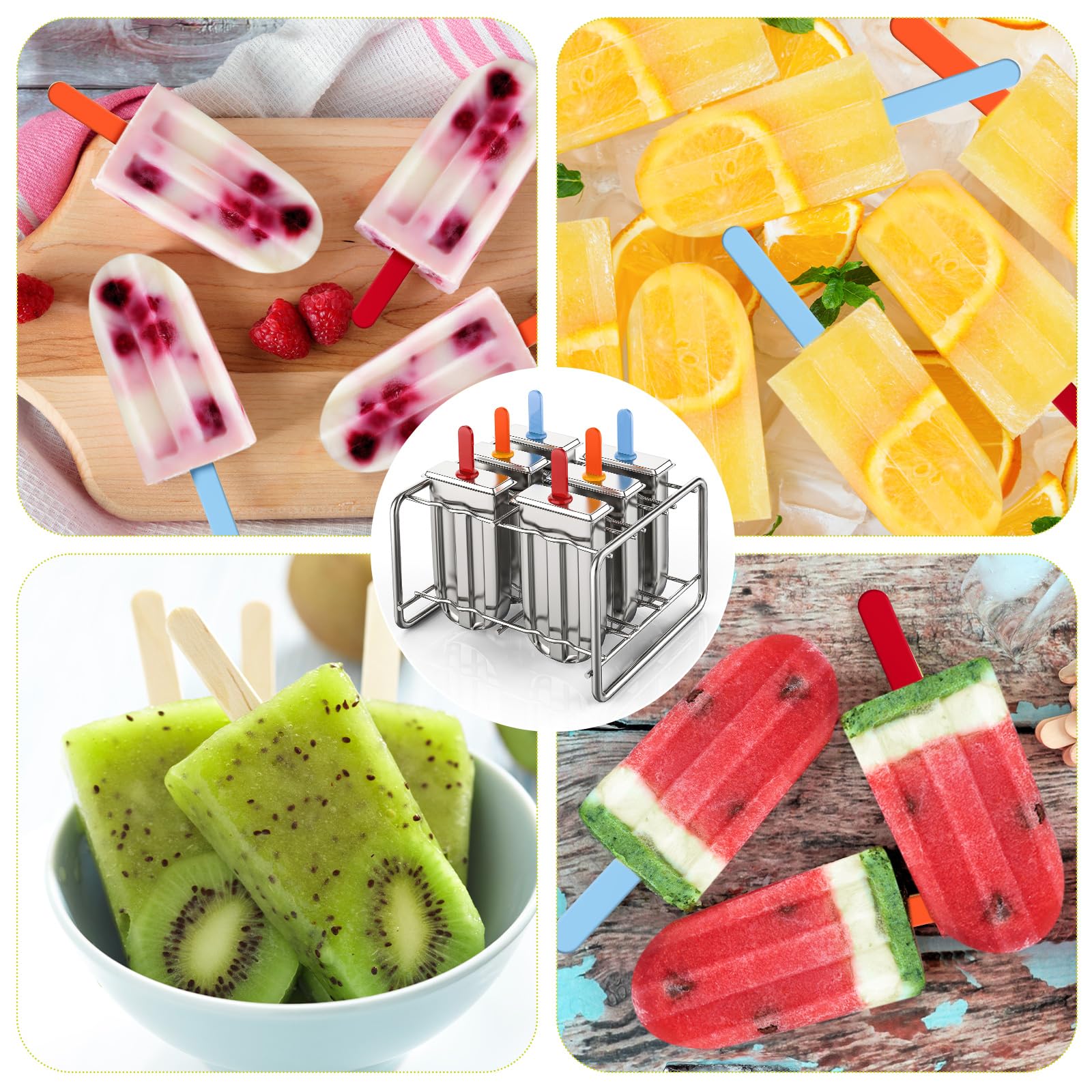 Jingmore Molde de acero inoxidable, 6 moldes de helado de metal de cabeza redonda con soporte, 6 palos acrílicos, máquina de hielo con palitos para hacer yogur congelado, frutas, helados, sorbetes