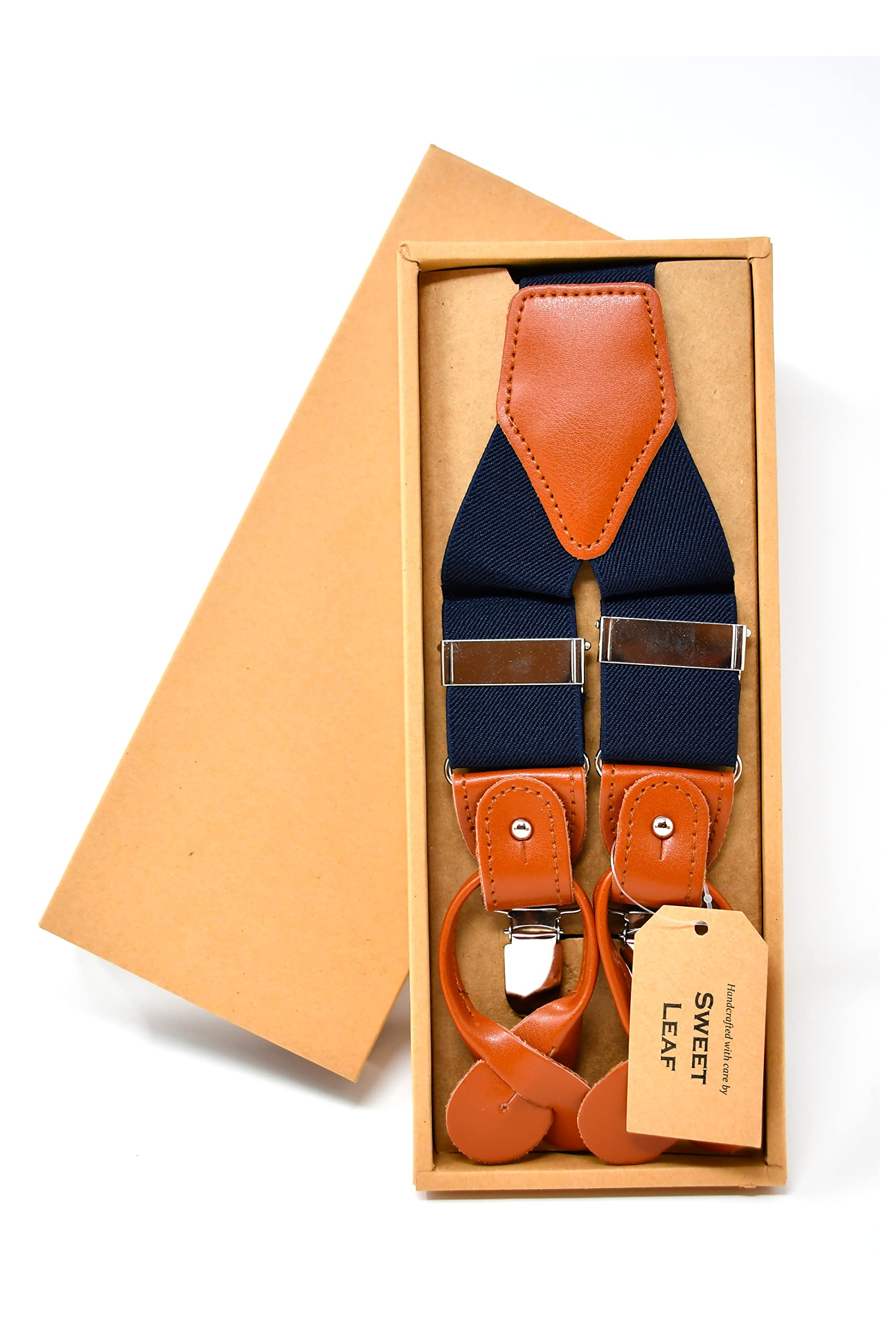 Sweet Leaf Bretelle Blu Scuro di alta qualità completamente Regolabili - 3 Clip o 6 Bottoni (personalizzabili)- Forma di Y - Classiche, Eleganti e Moderne