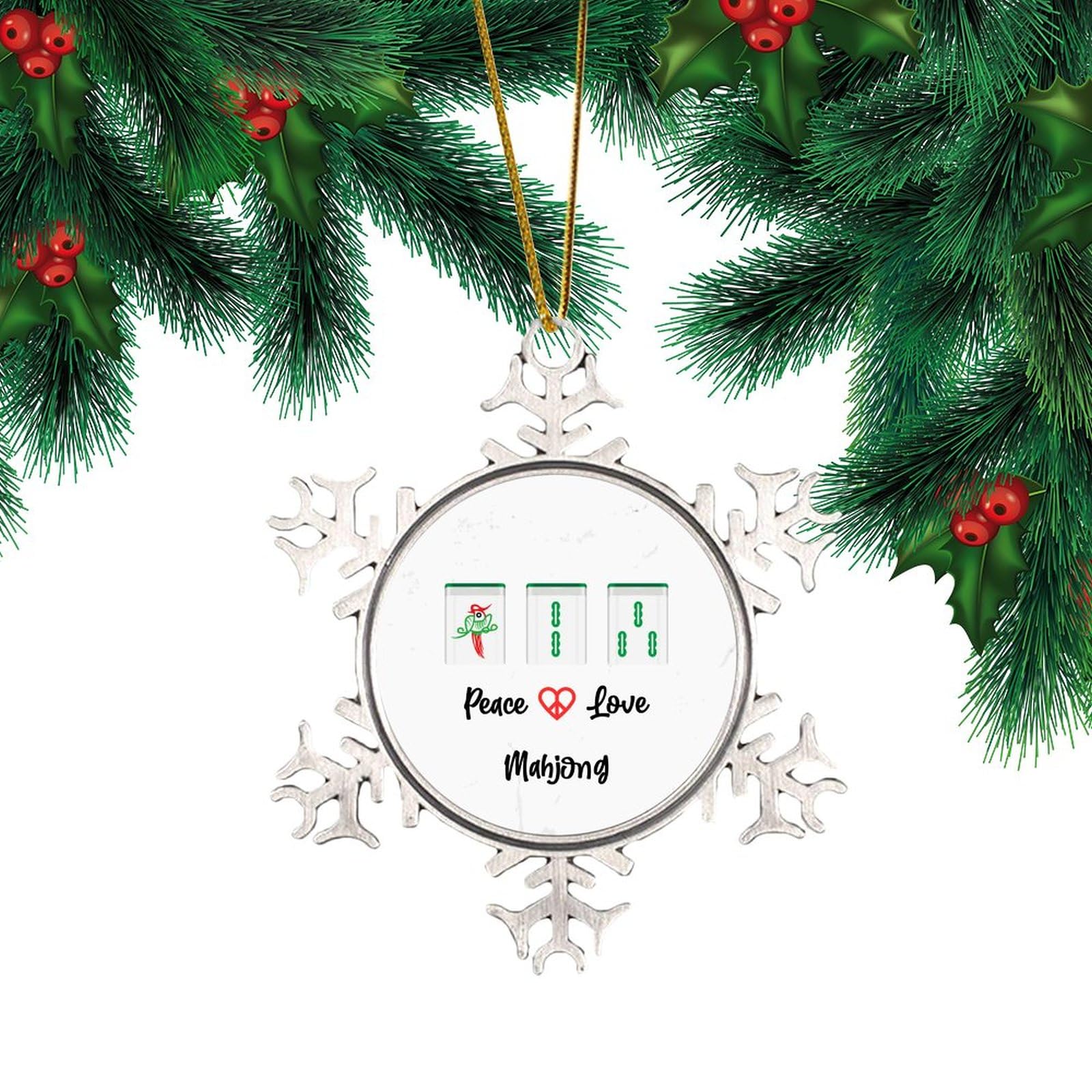 Autravelco Style-1 Peace Love Mahjong White Snowflake Ornaments Christmas Mahjong Gifts Metal Snowflake Ornament Festive Holidays Home Decor Mah-Jongg Player Gifts Custom Xmas Keepsake For Friends Families