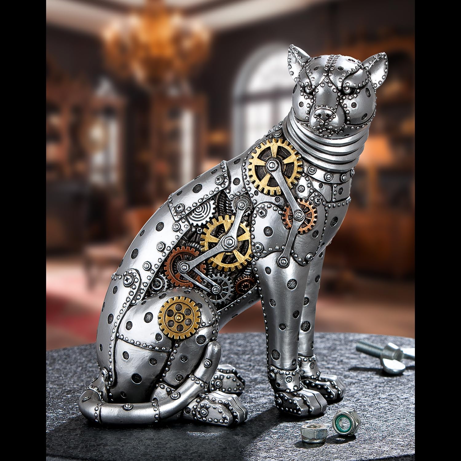GILDE Steampunk - Figura de Leopardo (Resina, 25 x 19 cm), diseño de Engranajes, Color Plateado